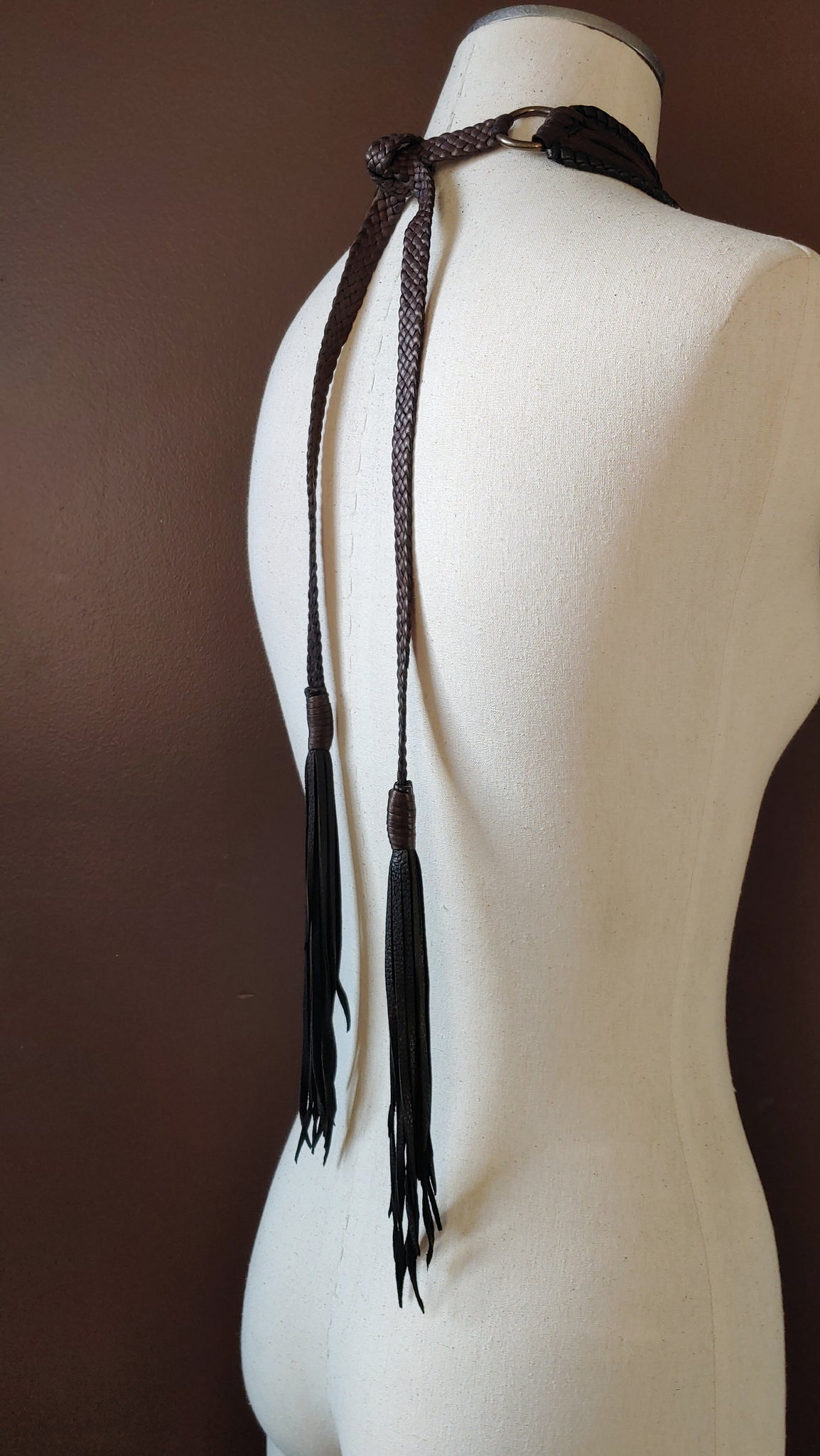 Kai Leather Necklace, Basket Weave Pendant, Crinkled Collar, Fringe, African Inspired