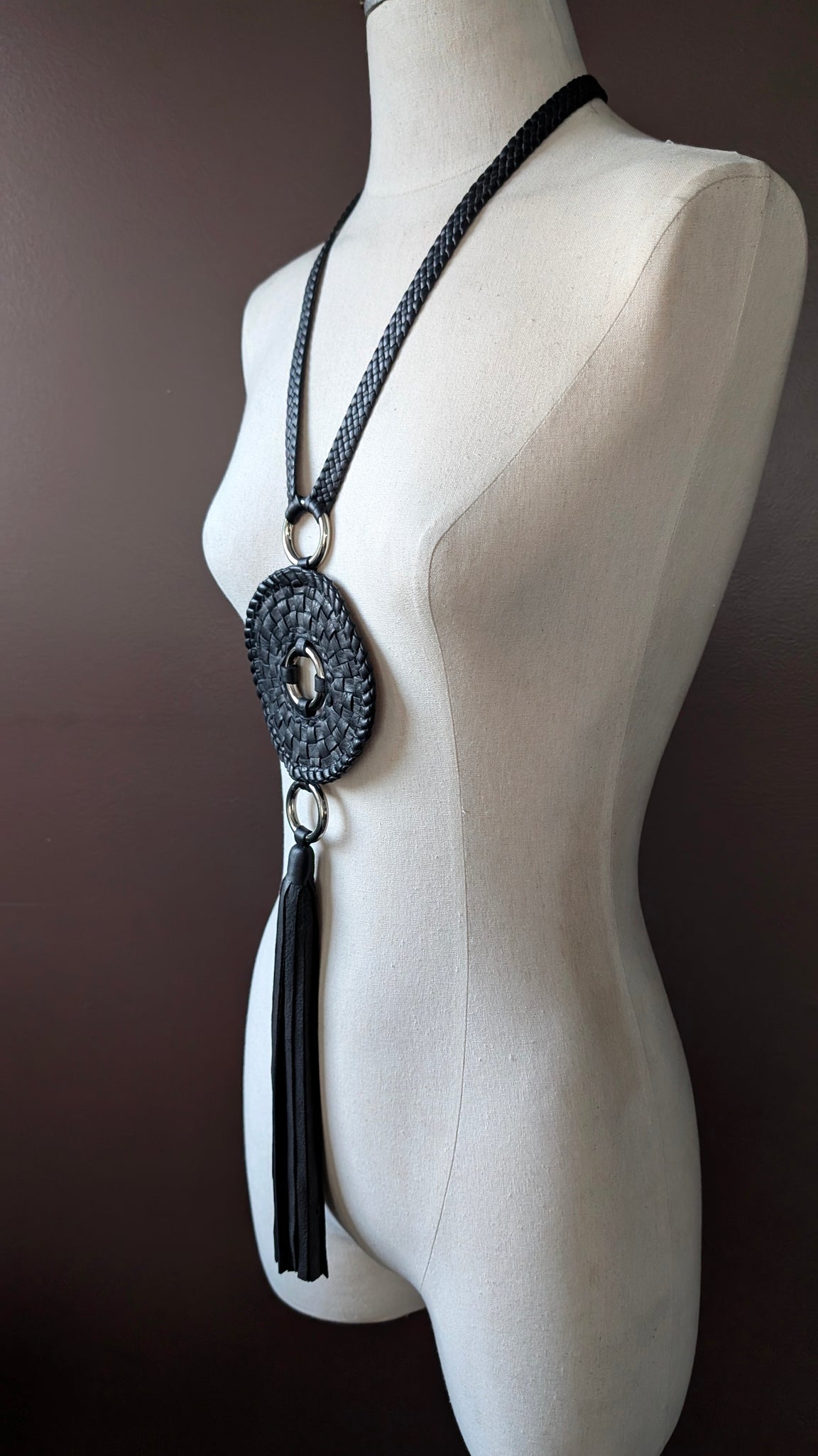 Zara Leather Necklace | Circular Basketweave Pendant Statement Neckpiece -SS1129