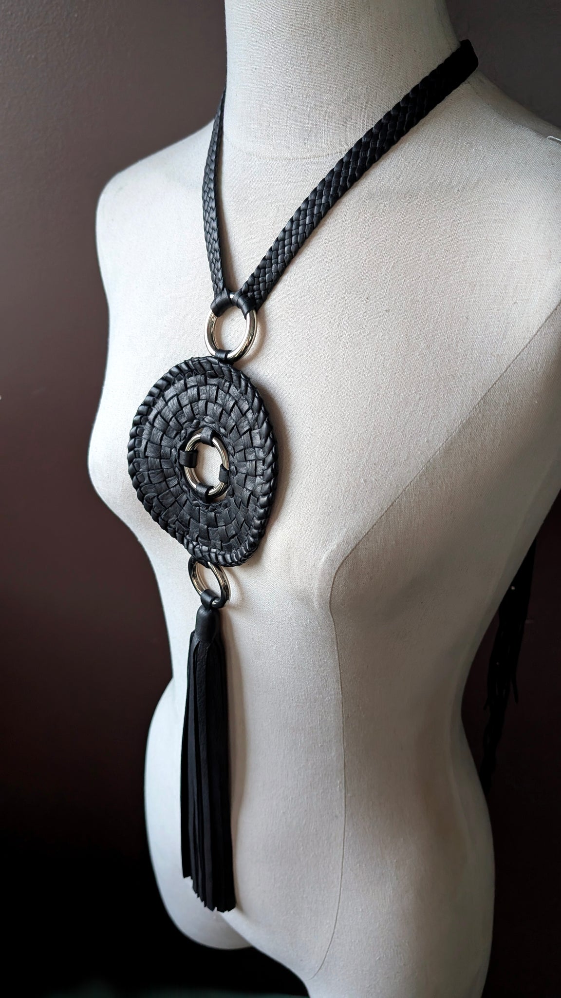 Zara Leather Necklace | Circular Basketweave Pendant Statement Neckpiece -SS1129