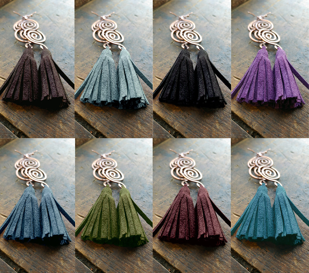 Arial Lux Suede Leather Fringe Double Spiral Earrings