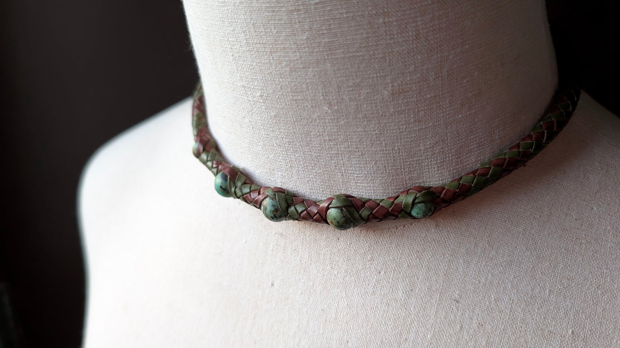 Hand Braided Kangaroo Leather Necklace with Leather Wrapped African Turquoise & Sculptural Toggle Closure
