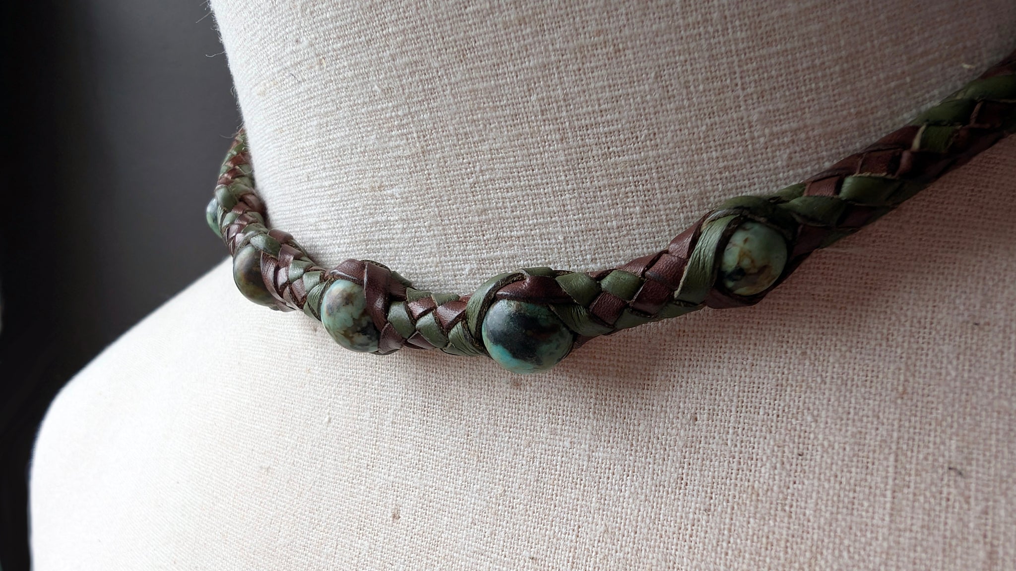 Hand Braided Kangaroo Leather Necklace with Leather Wrapped African Turquoise & Sculptural Toggle Closure