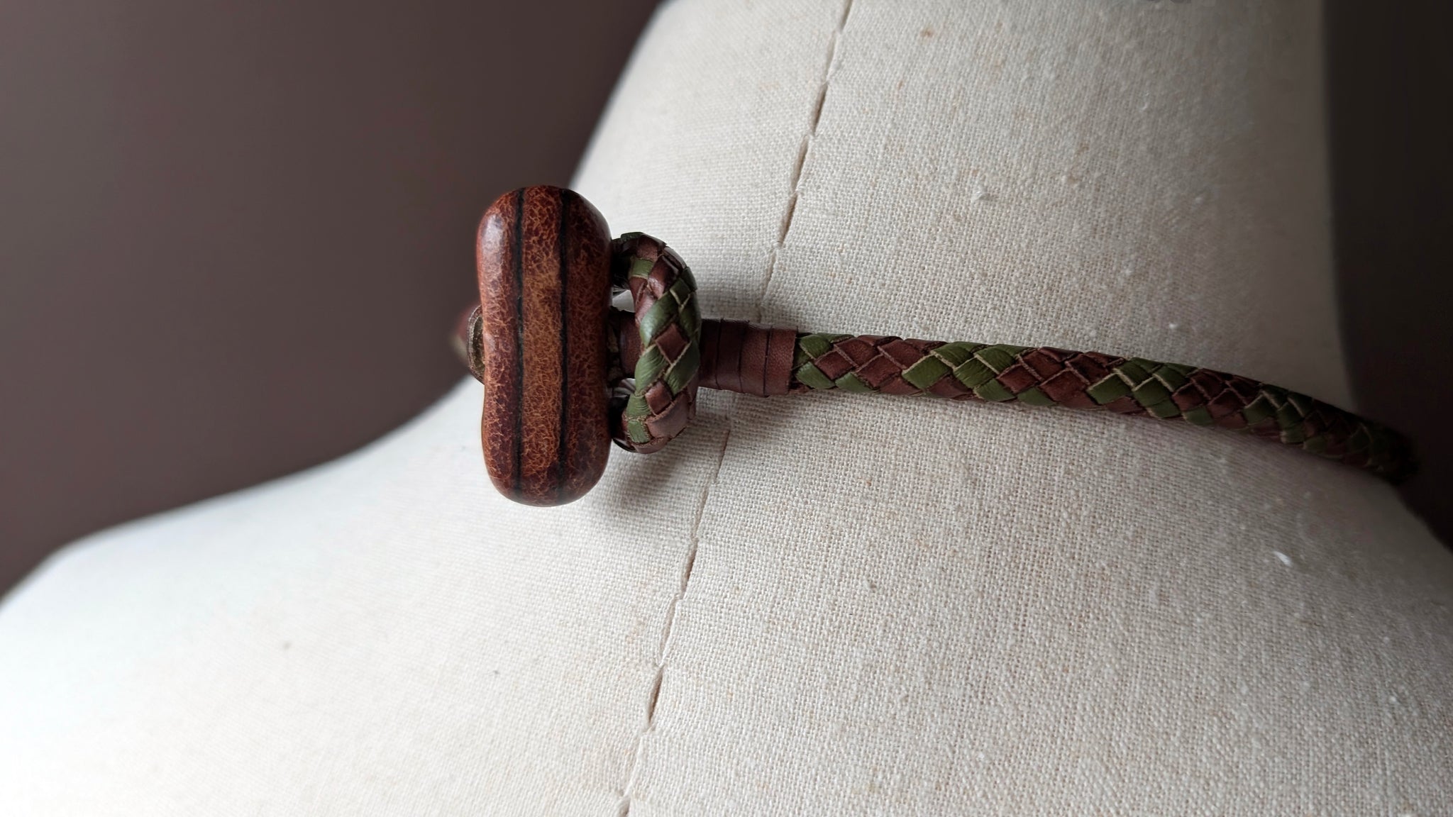 Hand Braided Kangaroo Leather Necklace with Leather Wrapped African Turquoise & Sculptural Toggle Closure