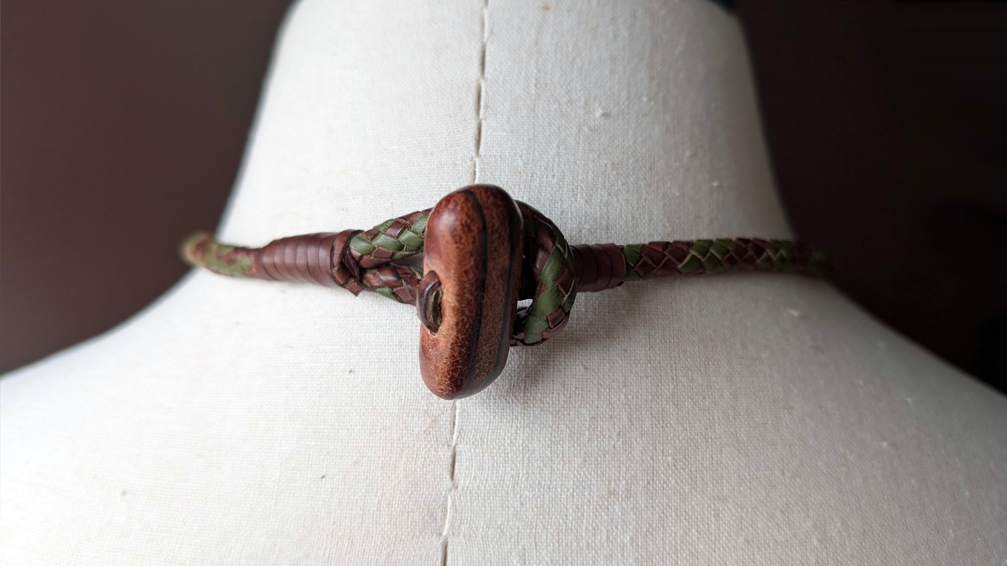 Hand Braided Kangaroo Leather Necklace with Leather Wrapped African Turquoise & Sculptural Toggle Closure