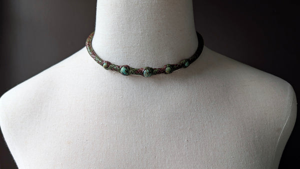 Hand Braided Kangaroo Leather Necklace with Leather Wrapped African Turquoise & Sculptural Toggle Closure