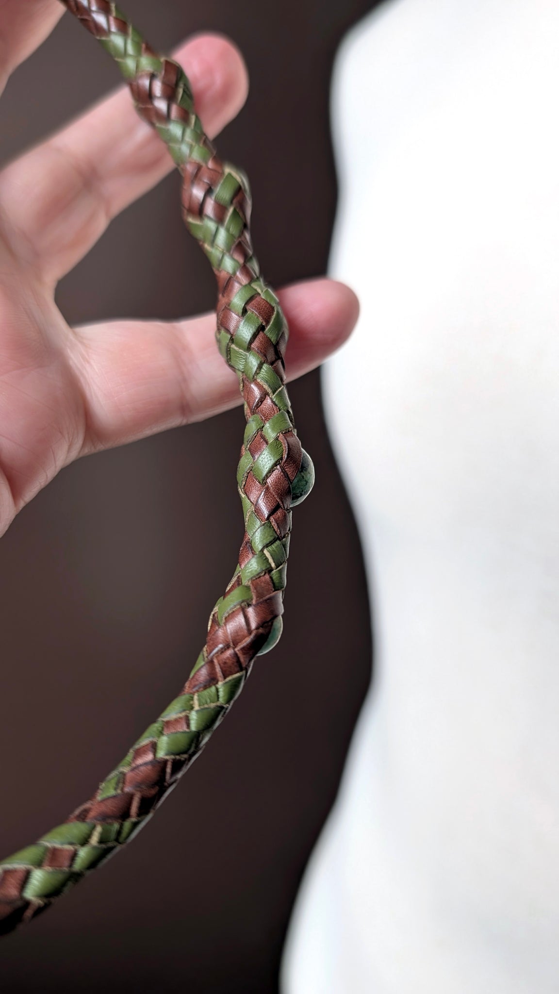 Hand Braided Kangaroo Leather Necklace with Leather Wrapped African Turquoise & Sculptural Toggle Closure