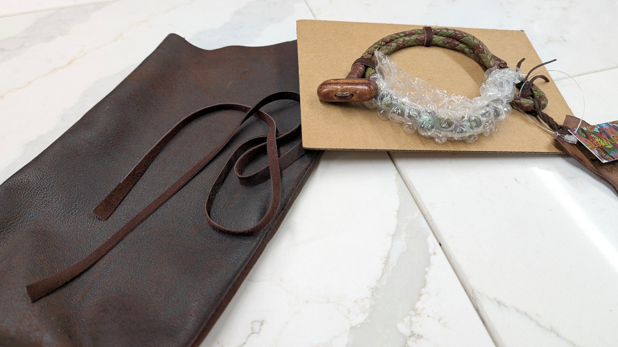 Hand Braided Kangaroo Leather Necklace with Leather Wrapped African Turquoise & Sculptural Toggle Closure