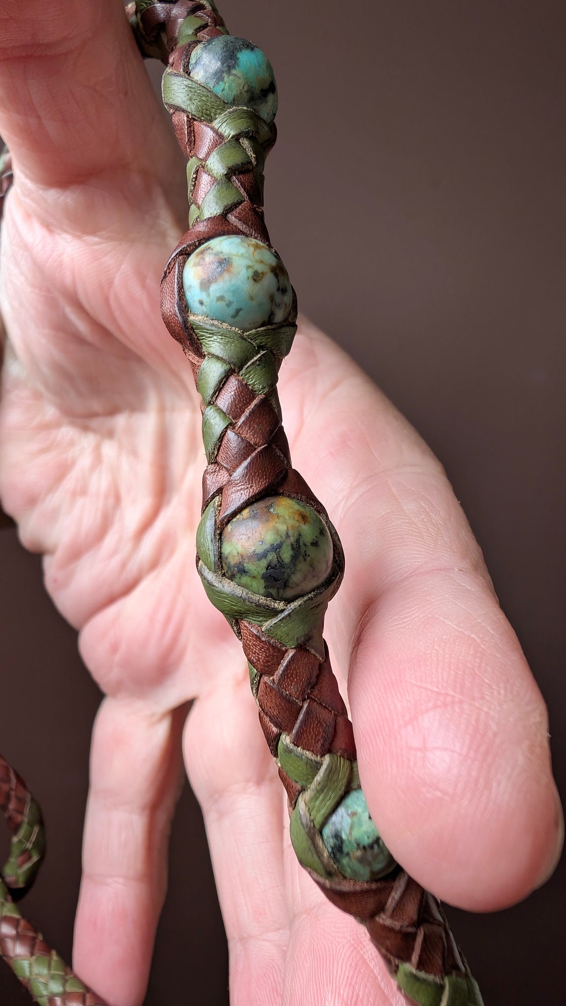 Hand Braided Kangaroo Leather Necklace with Leather Wrapped African Turquoise & Sculptural Toggle Closure