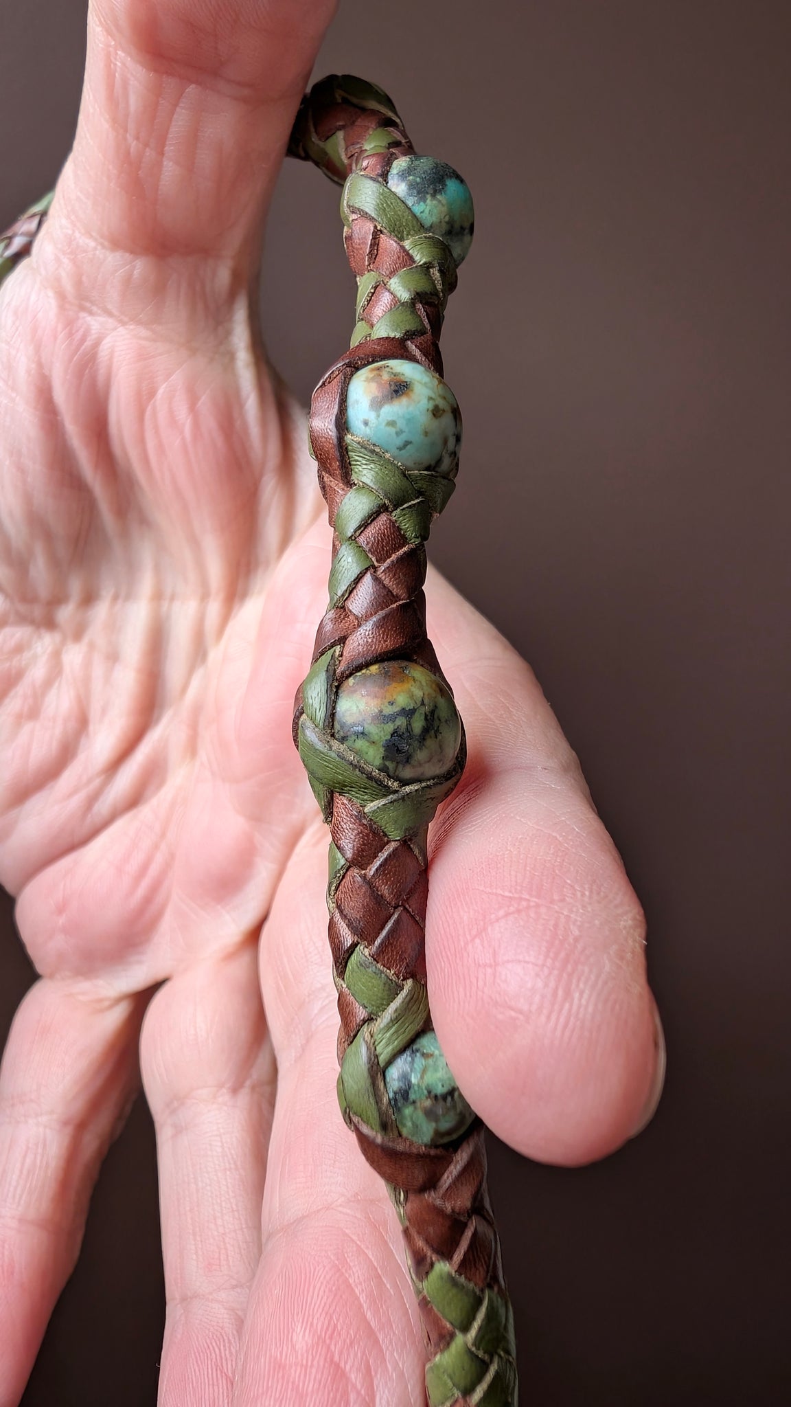 Hand Braided Kangaroo Leather Necklace with Leather Wrapped African Turquoise & Sculptural Toggle Closure
