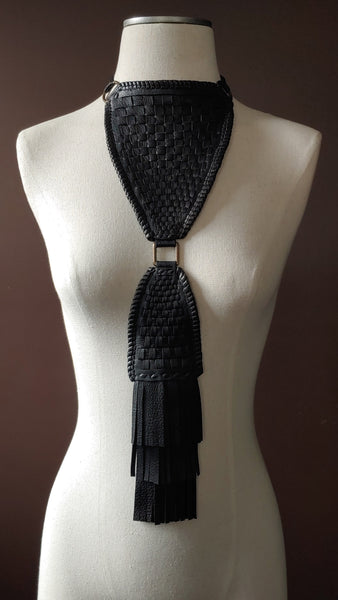African inspired leather neckpiece, Black Deerskin, Woven Leather with Braided Ties and Fringe Tassels