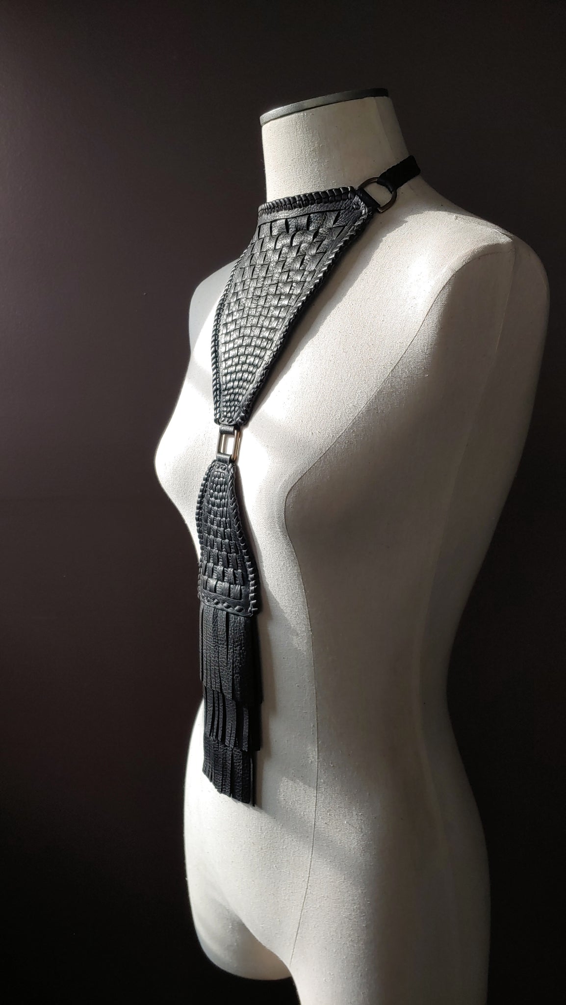 African inspired leather neckpiece, Black Deerskin, Woven Leather with Braided Ties and Fringe Tassels