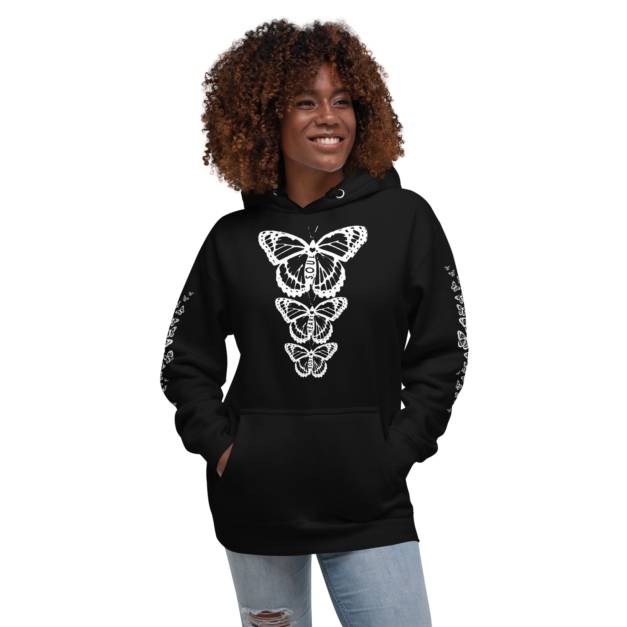 Body Heart & Soul Hoodie | Butterfly Printed Graphic Sweat Shirt | Streetwear Style Attire | Cozy Women's Fashion Fleece