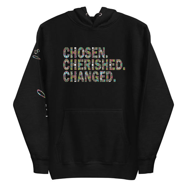 Unisex Graphic Fashion Hoodie | Chosen. Cherished. Changed | Butterfly Word Art