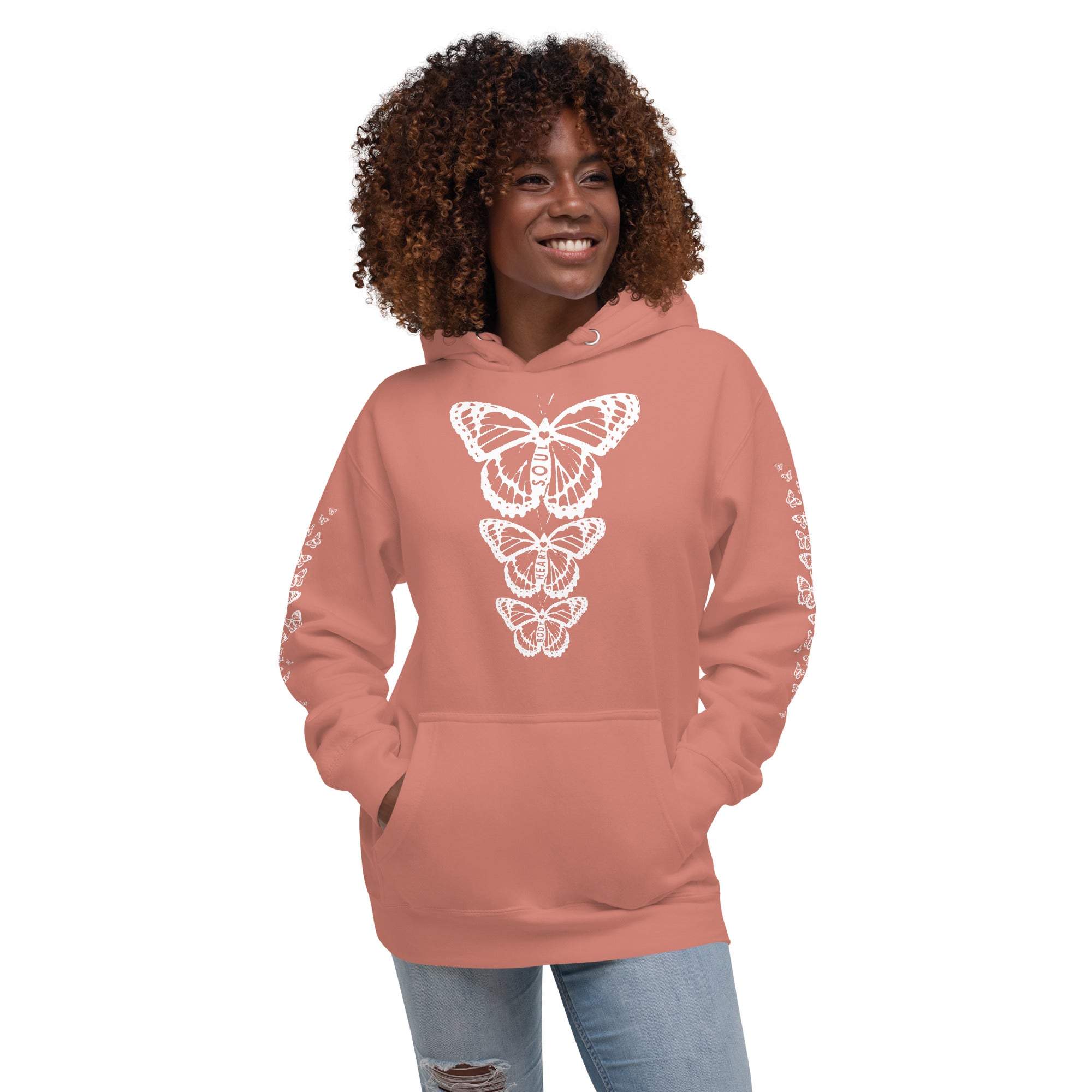 Body Heart & Soul Hoodie | Butterfly Printed Graphic Sweat Shirt | Streetwear Style Attire | Cozy Women's Fashion Fleece