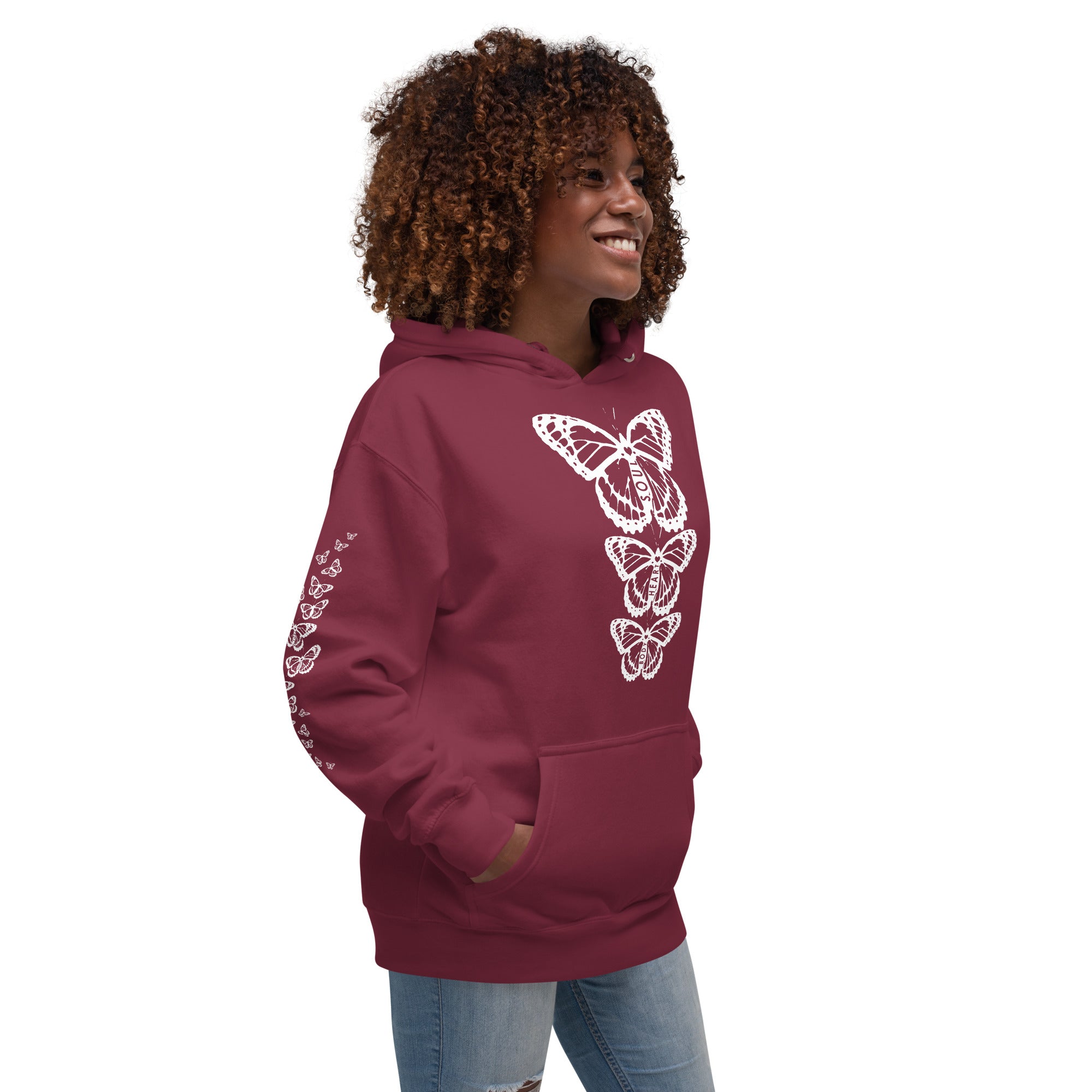 Body Heart & Soul Hoodie | Butterfly Printed Graphic Sweat Shirt | Streetwear Style Attire | Cozy Women's Fashion Fleece