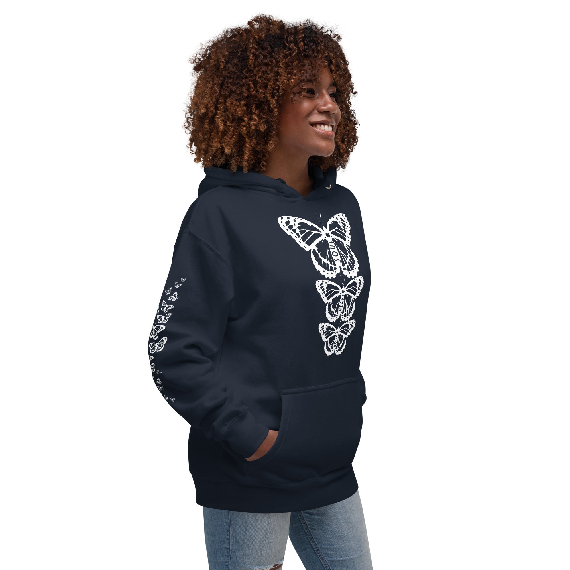 Body Heart & Soul Hoodie | Butterfly Printed Graphic Sweat Shirt | Streetwear Style Attire | Cozy Women's Fashion Fleece