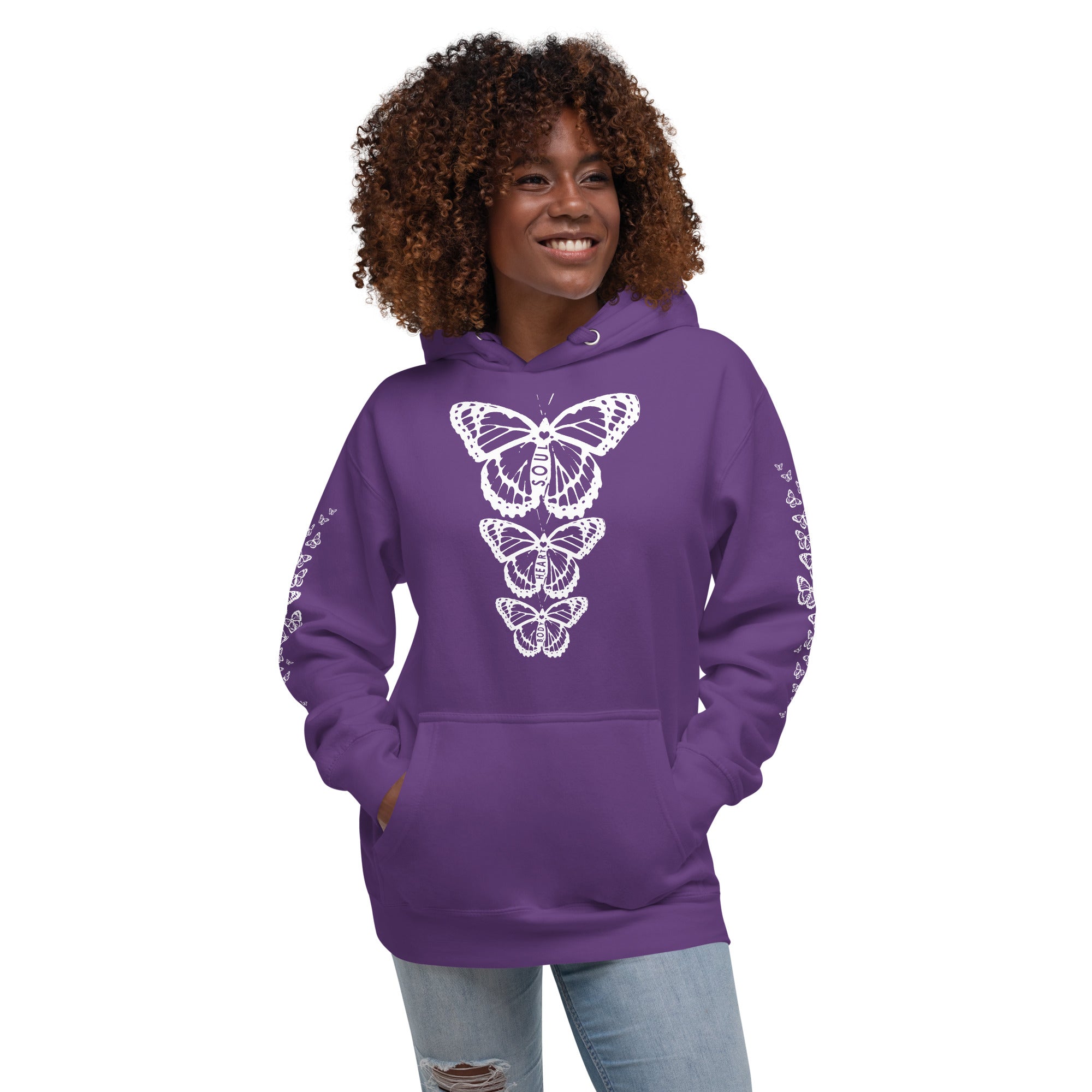 Body Heart & Soul Hoodie | Butterfly Printed Graphic Sweat Shirt | Streetwear Style Attire | Cozy Women's Fashion Fleece