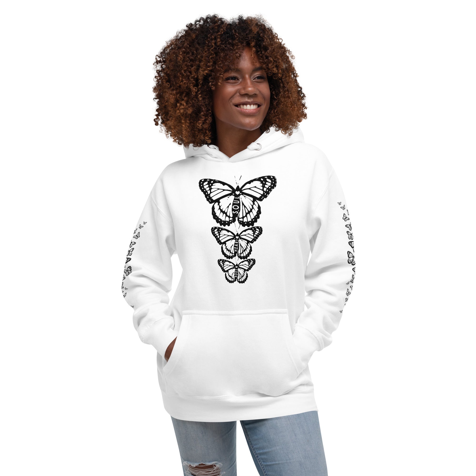 Body Heart & Soul Hoodie | Butterfly Printed Graphic Sweat Shirt | Streetwear Style Attire | Cozy Women's Fashion Fleece