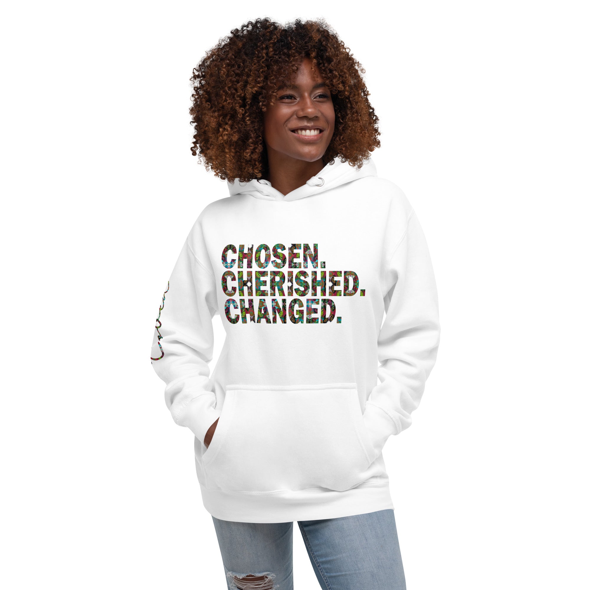 Unisex Graphic Fashion Hoodie | Chosen. Cherished. Changed | Butterfly Word Art