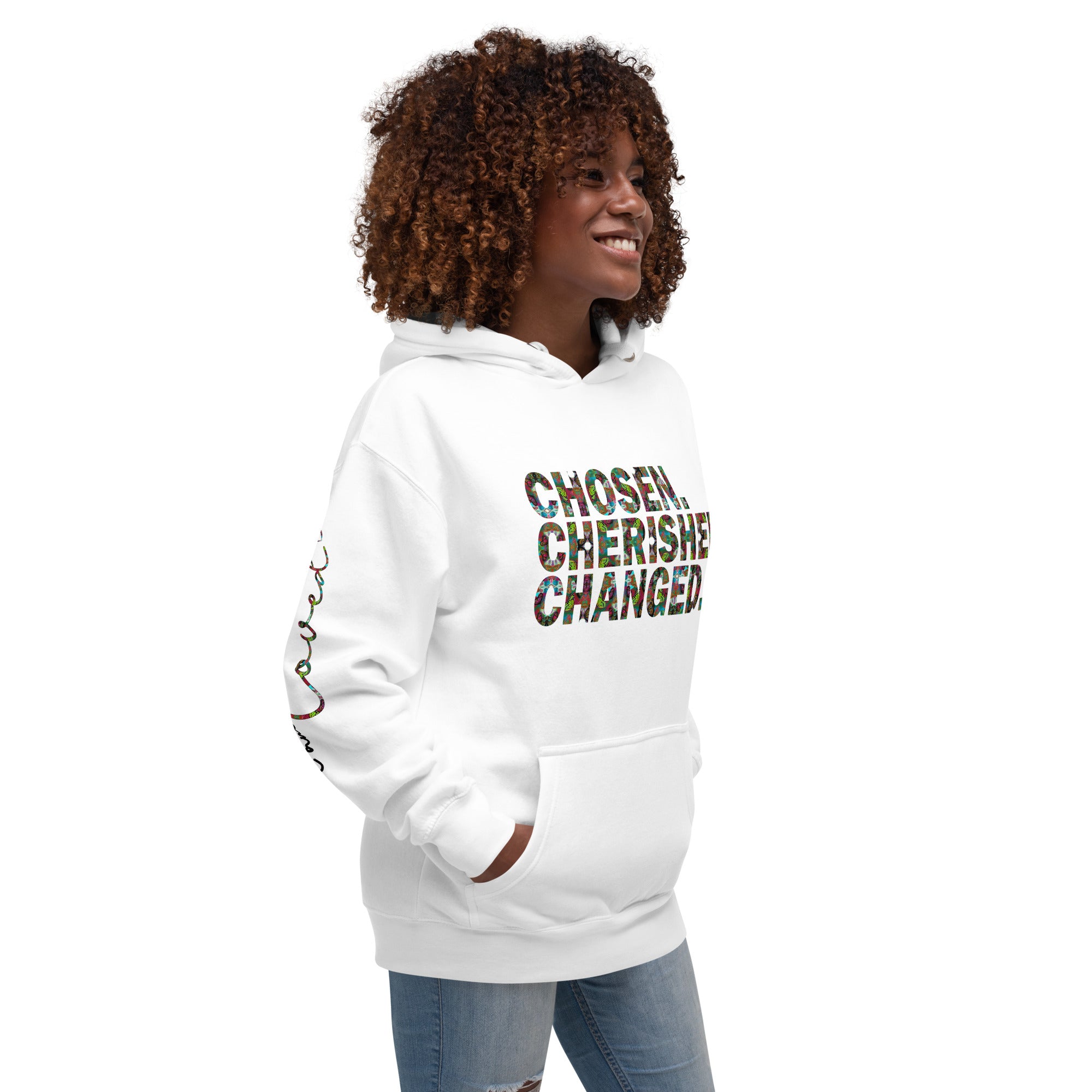 Unisex Graphic Fashion Hoodie | Chosen. Cherished. Changed | Butterfly Word Art