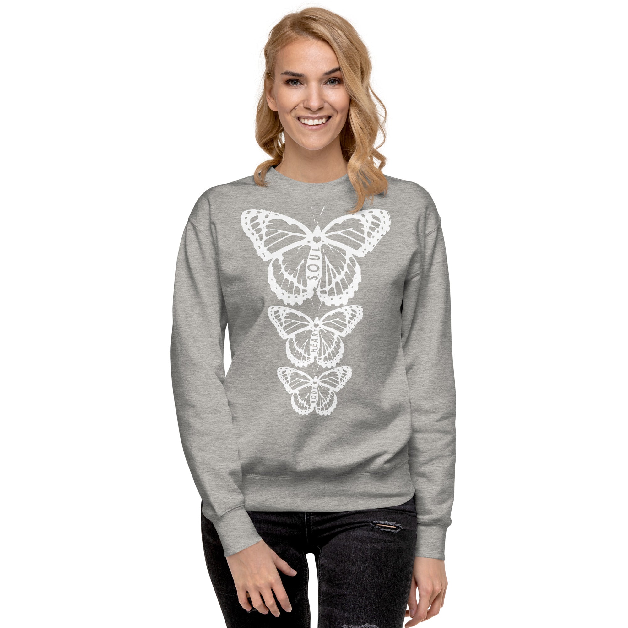 Body Heart & Soul Sweatshirt | Butterfly Printed Graphic Shirt | Streetwear Style Attire | Cozy Women's Fashion Fleece