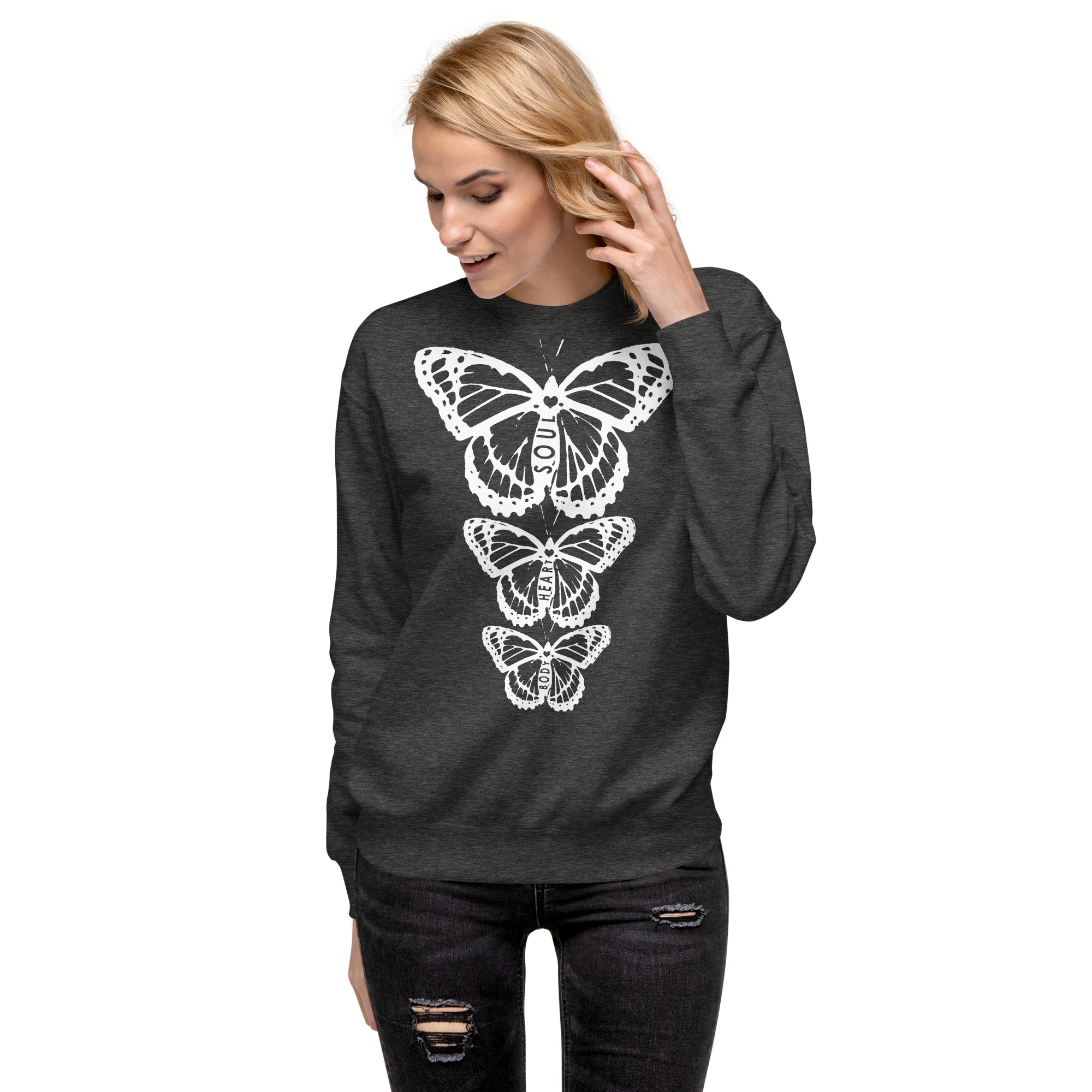 Body Heart & Soul Sweatshirt | Butterfly Printed Graphic Shirt | Streetwear Style Attire | Cozy Women's Fashion Fleece