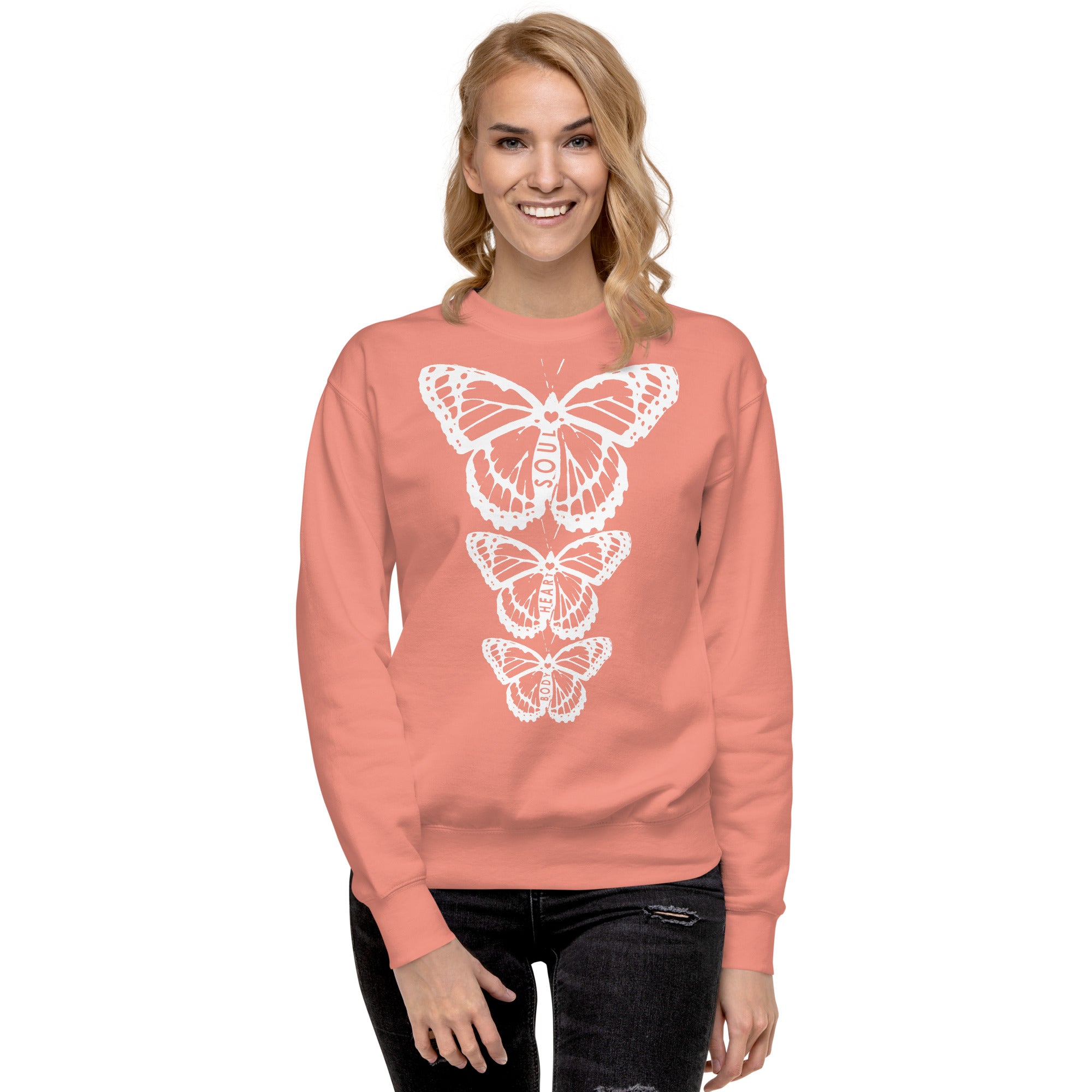 Body Heart & Soul Sweatshirt | Butterfly Printed Graphic Shirt | Streetwear Style Attire | Cozy Women's Fashion Fleece