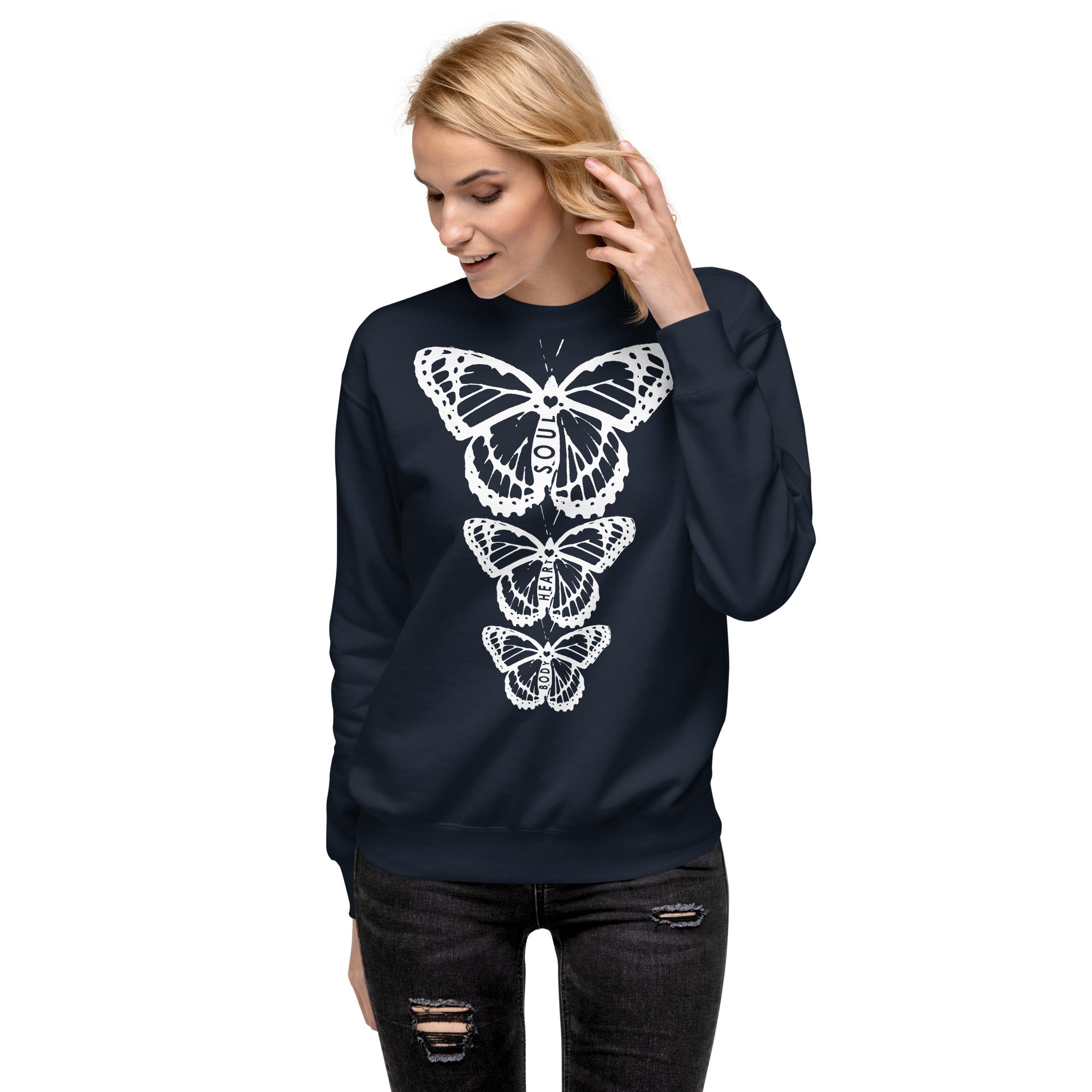 Body Heart & Soul Sweatshirt | Butterfly Printed Graphic Shirt | Streetwear Style Attire | Cozy Women's Fashion Fleece