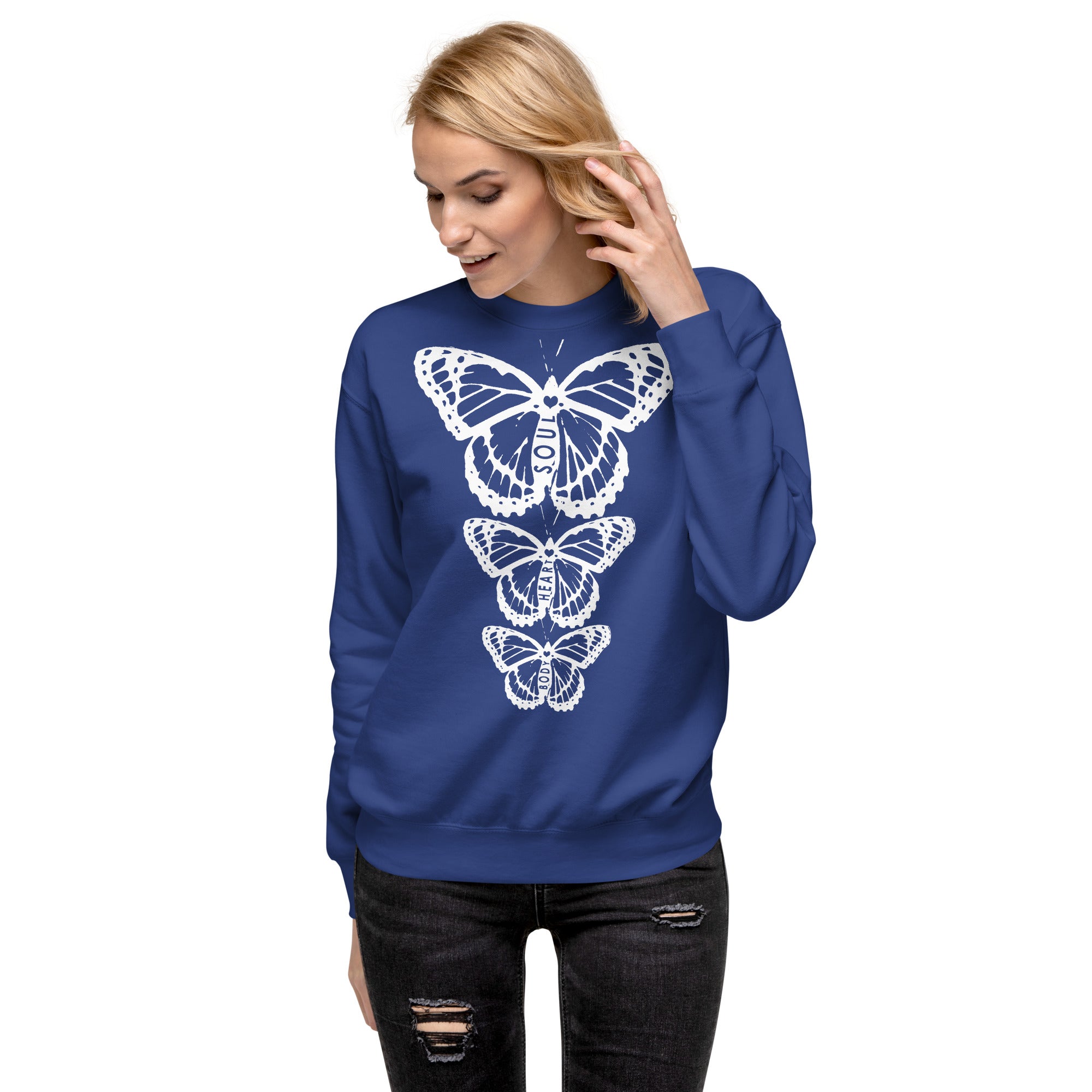 Body Heart & Soul Sweatshirt | Butterfly Printed Graphic Shirt | Streetwear Style Attire | Cozy Women's Fashion Fleece