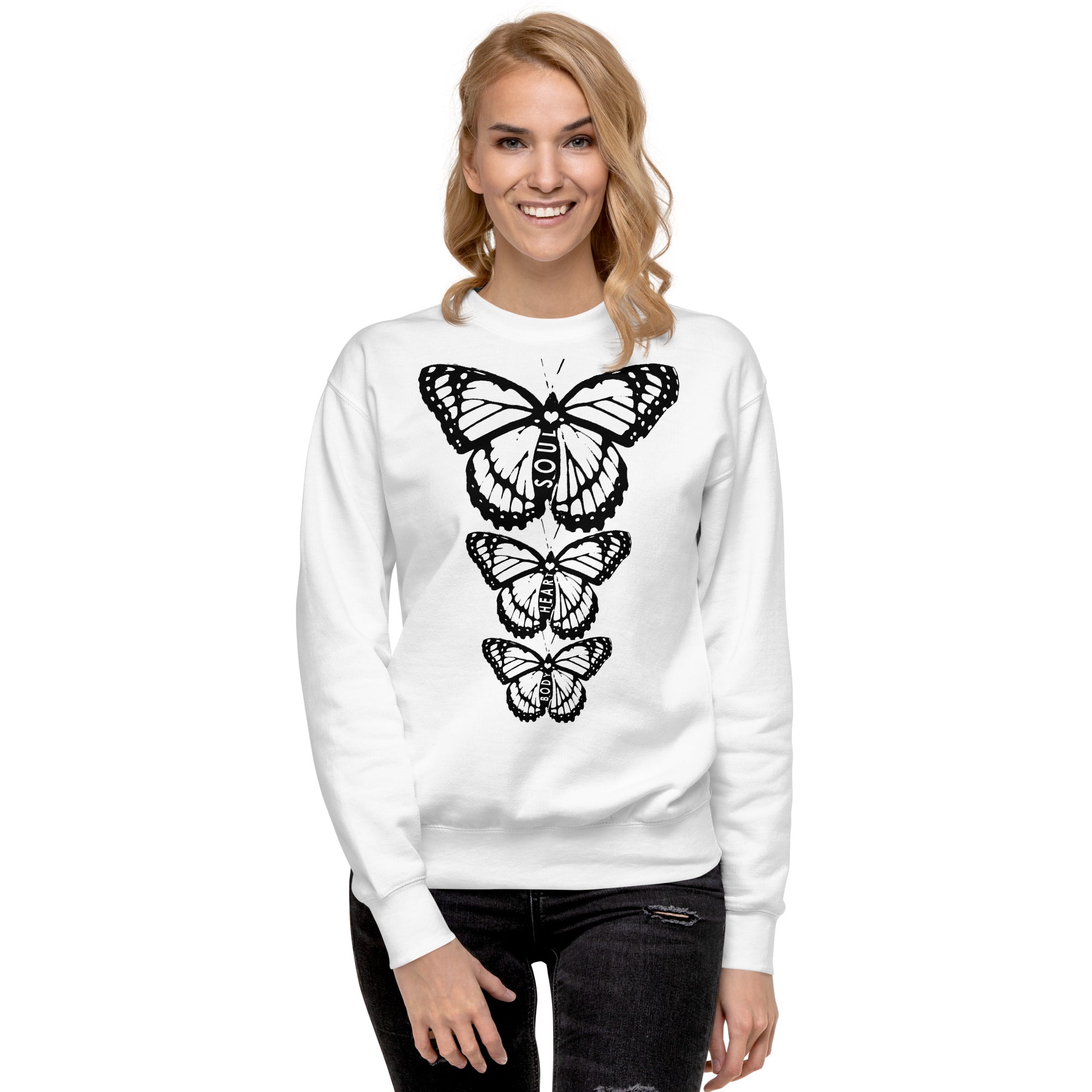 Body Heart & Soul Sweatshirt | Butterfly Printed Graphic Shirt | Streetwear Style Attire | Cozy Women's Fashion Fleece