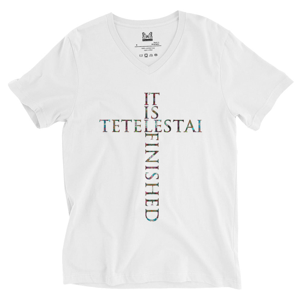 Tetelestai ~ It is Finished Women's Graphic V-Neck T-Shirt | Butterfly Word Art