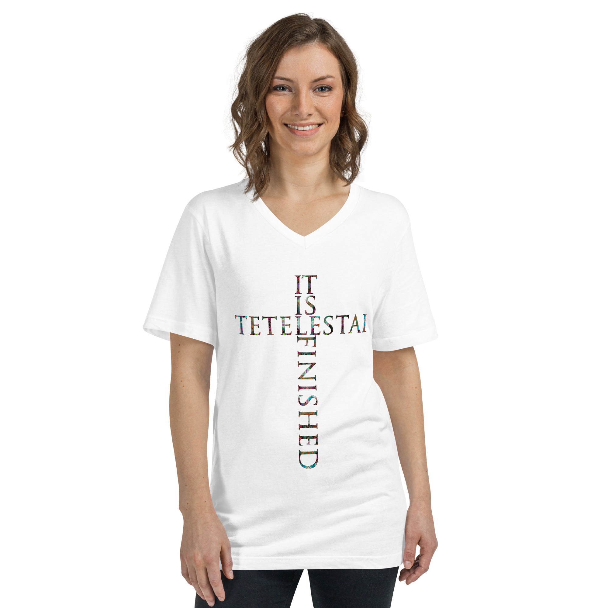 Tetelestai ~ It is Finished Women's Graphic V-Neck T-Shirt | Butterfly Word Art