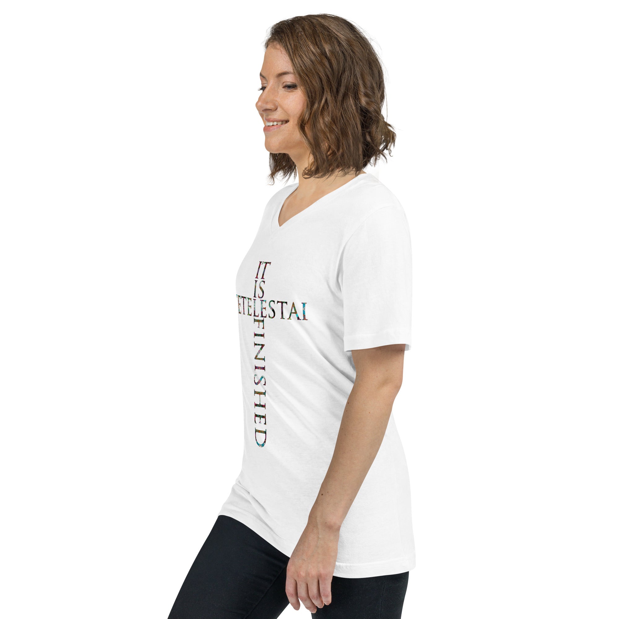 Tetelestai ~ It is Finished Women's Graphic V-Neck T-Shirt | Butterfly Word Art