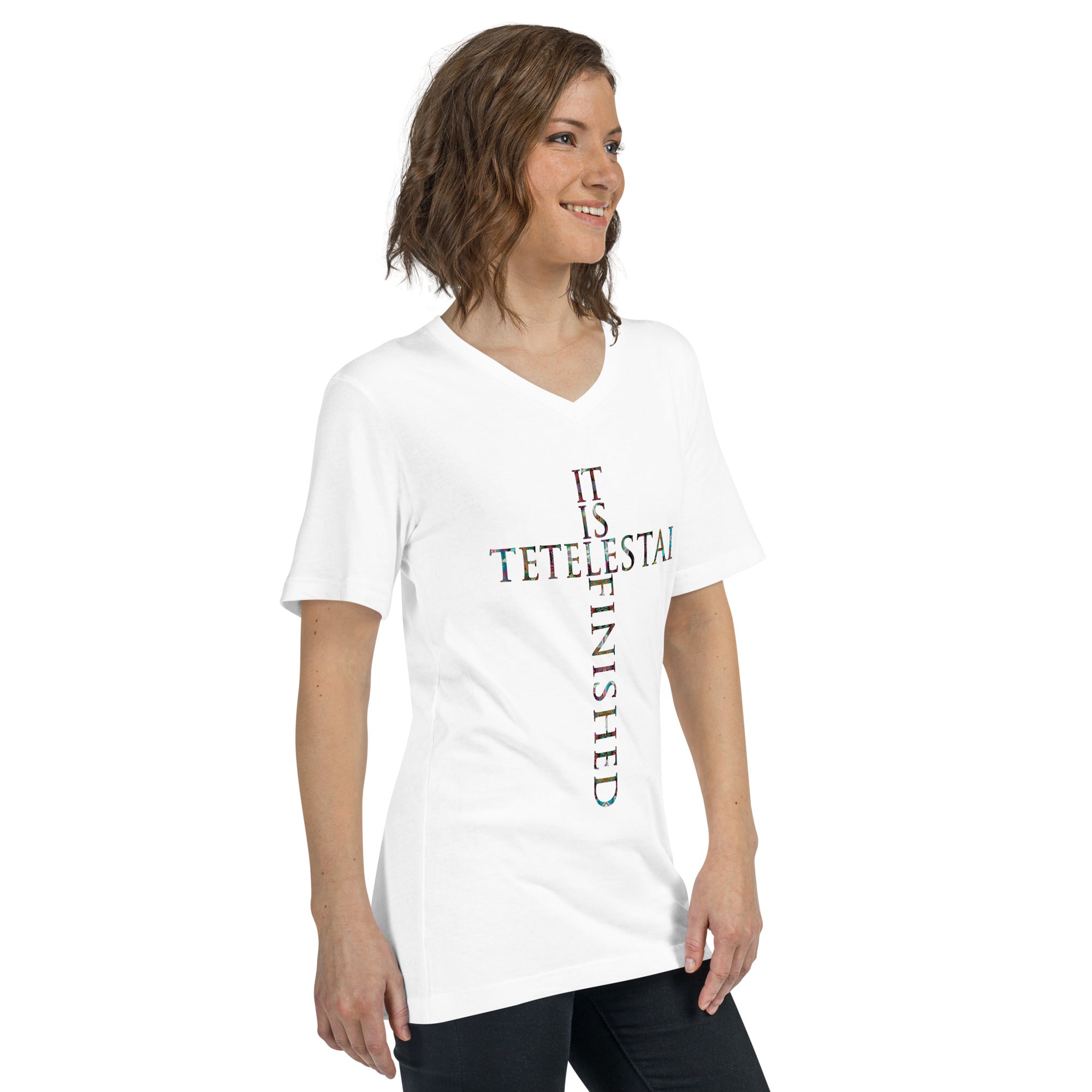 Tetelestai ~ It is Finished Women's Graphic V-Neck T-Shirt | Butterfly Word Art