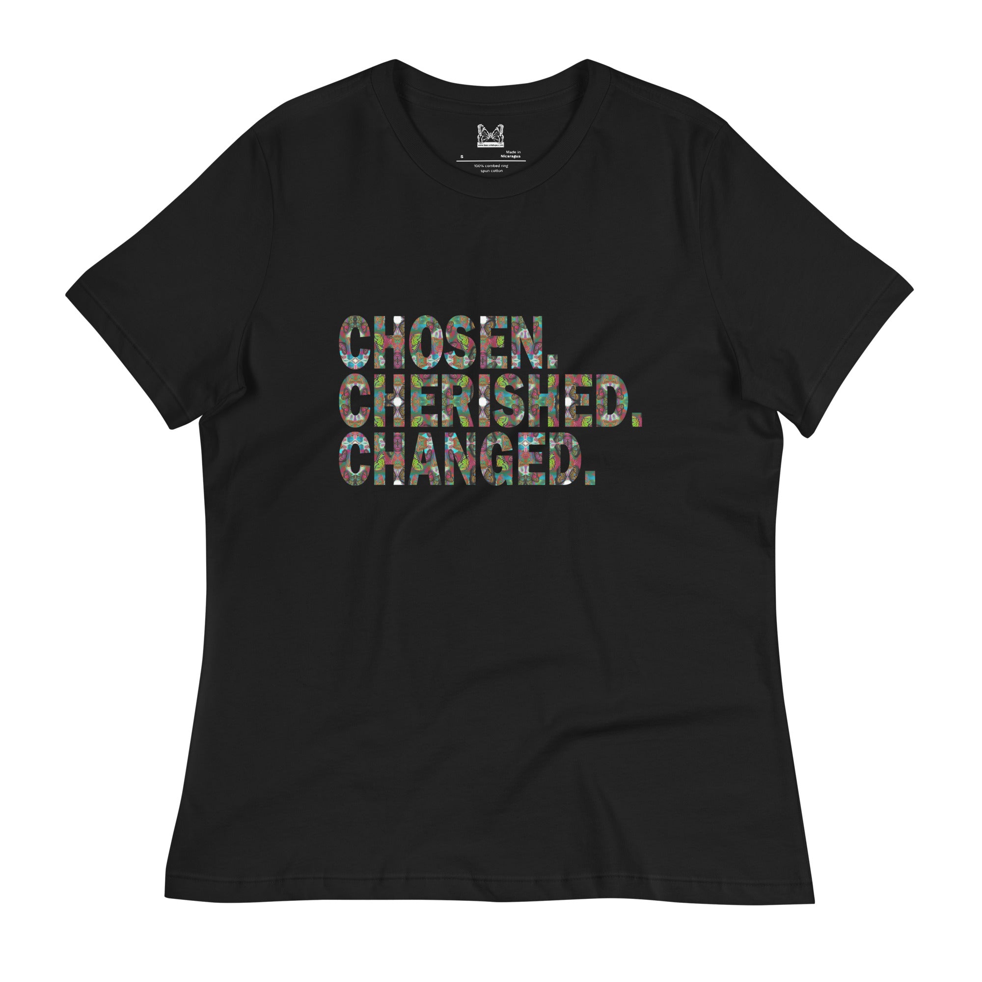 Chosen. Cherished. Changed. Women's Buttefly Word Art Graphic T-Shirt