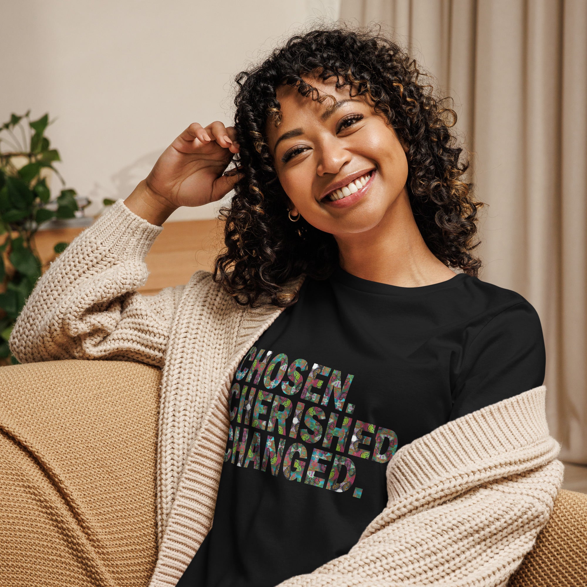 Chosen. Cherished. Changed. Women's Buttefly Word Art Graphic T-Shirt