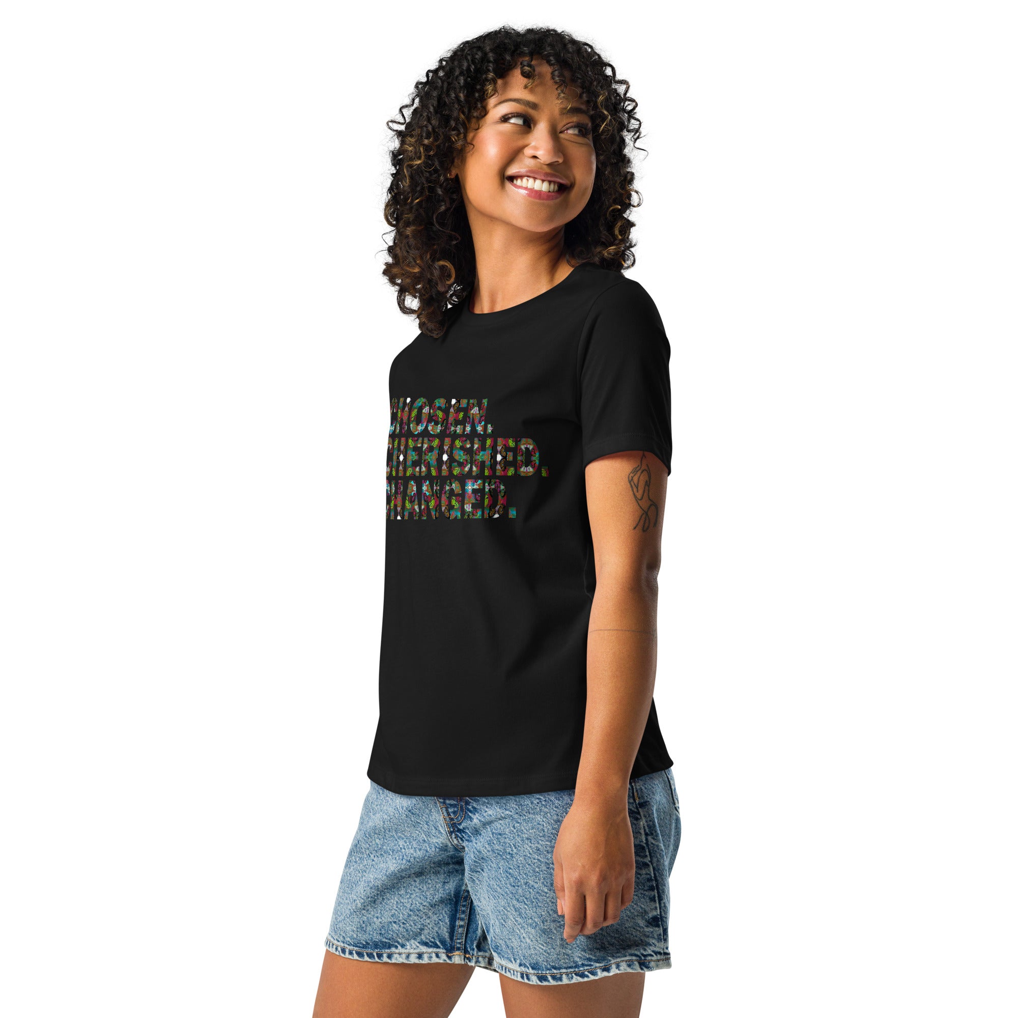 Chosen. Cherished. Changed. Women's Buttefly Word Art Graphic T-Shirt