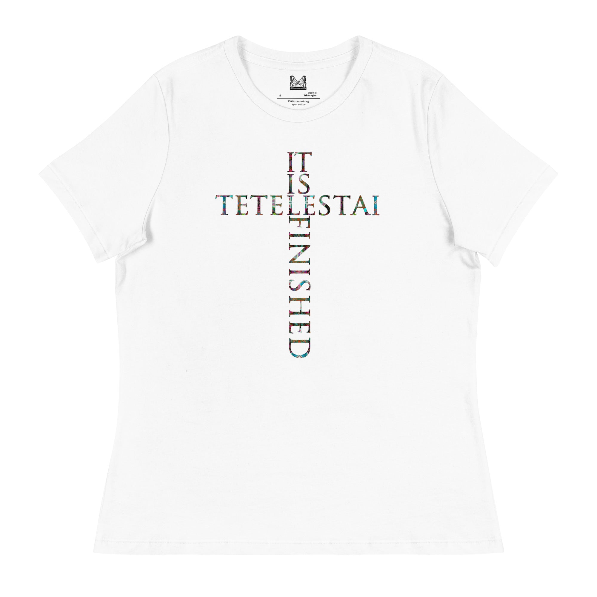 Tetelestai - It is Finished  ~ Butterfly Word Art Women's Graphic T-shirt, Short Sleeve Religious Spiritual Top