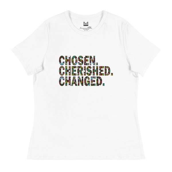 Chosen. Cherished. Changed. Women's Buttefly Word Art Graphic T-Shirt