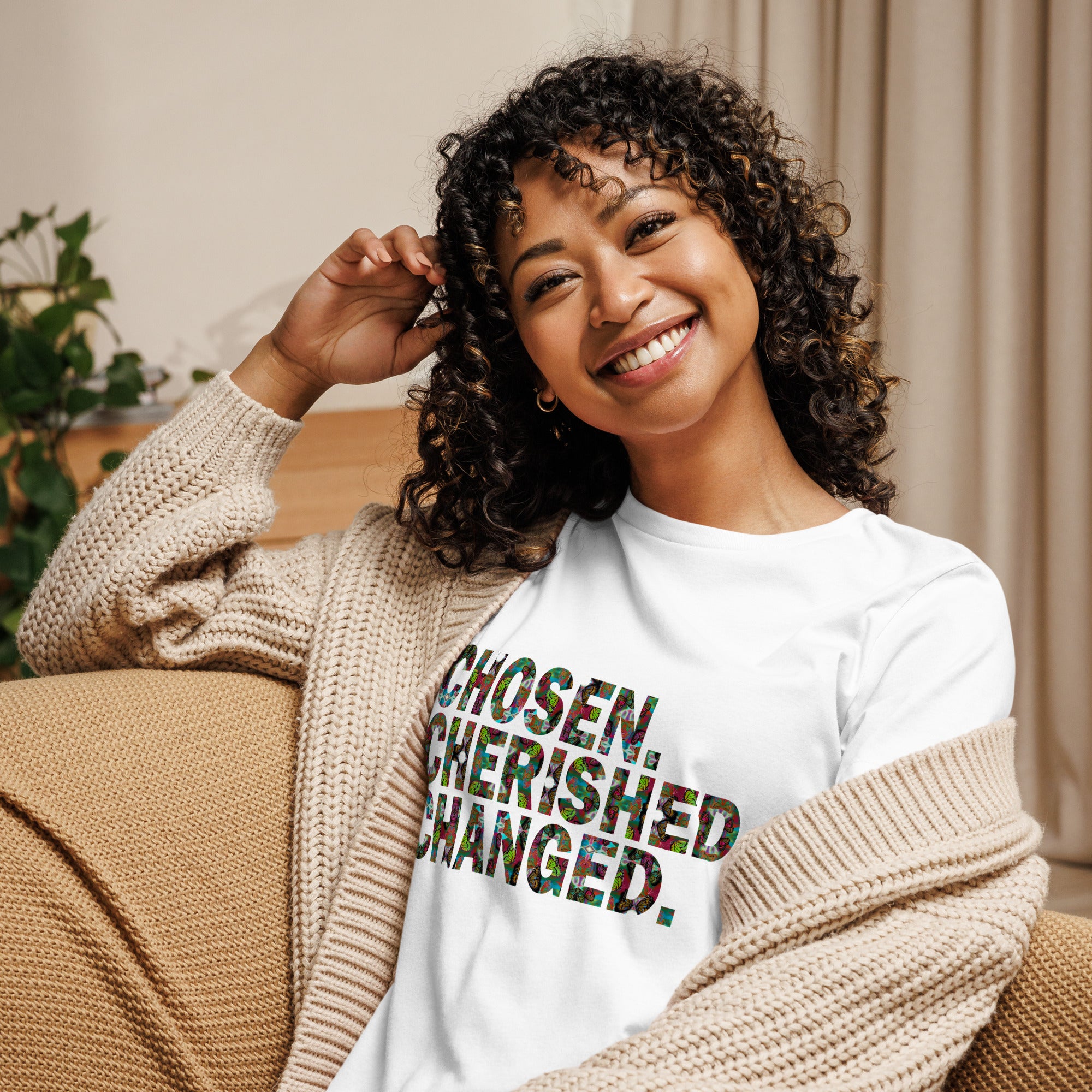 Chosen. Cherished. Changed. Women's Buttefly Word Art Graphic T-Shirt