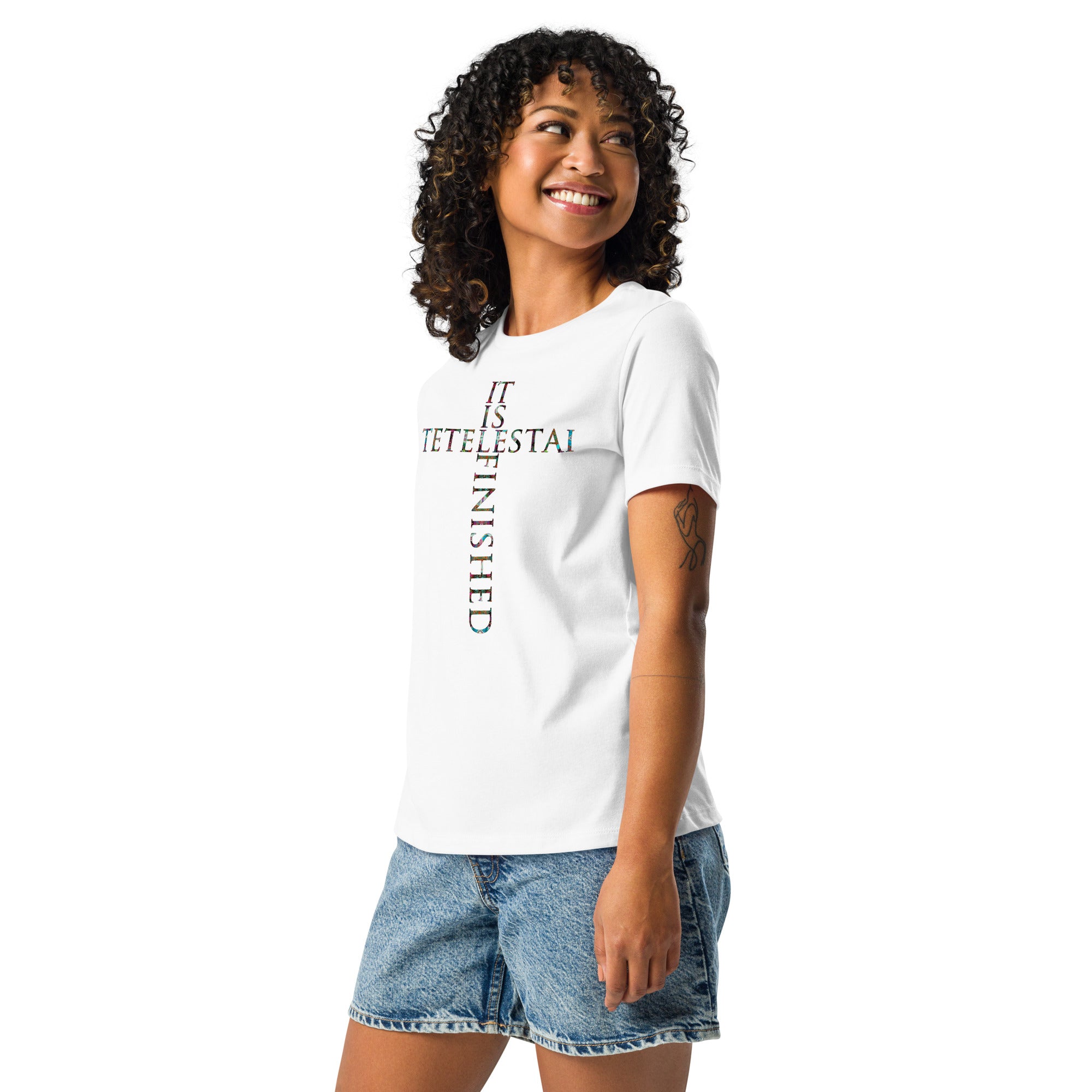 Tetelestai - It is Finished  ~ Butterfly Word Art Women's Graphic T-shirt, Short Sleeve Religious Spiritual Top