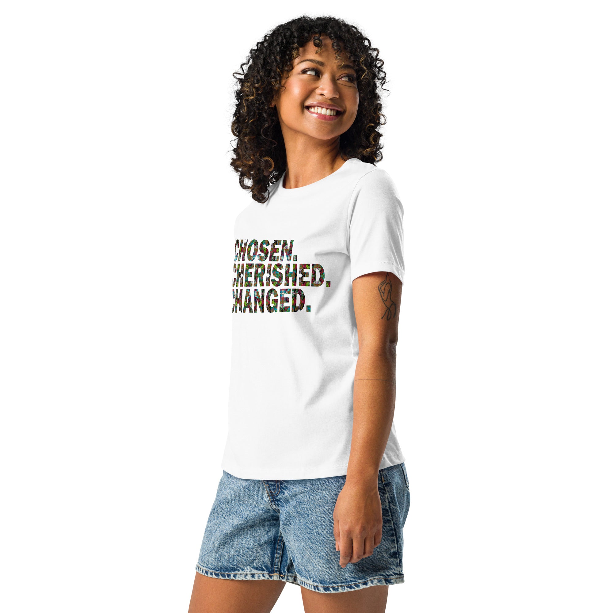 Chosen. Cherished. Changed. Women's Buttefly Word Art Graphic T-Shirt