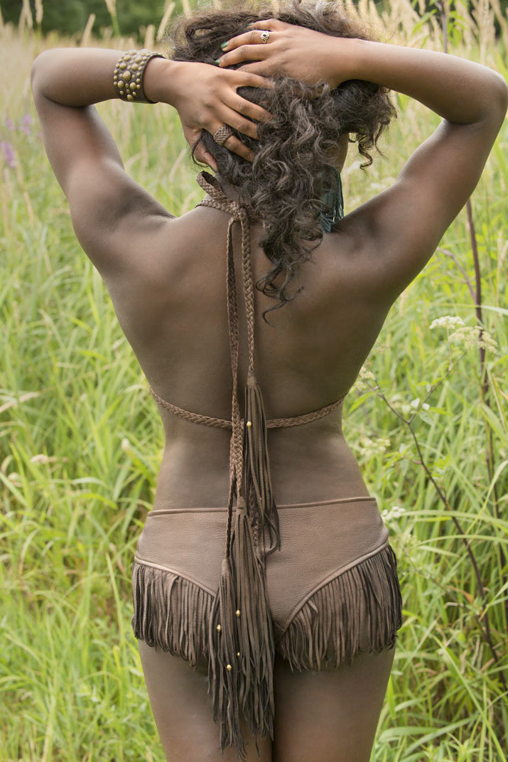 Kyra DEERSKIN Leather Fringe Lace-up Booty Shorts on model back view