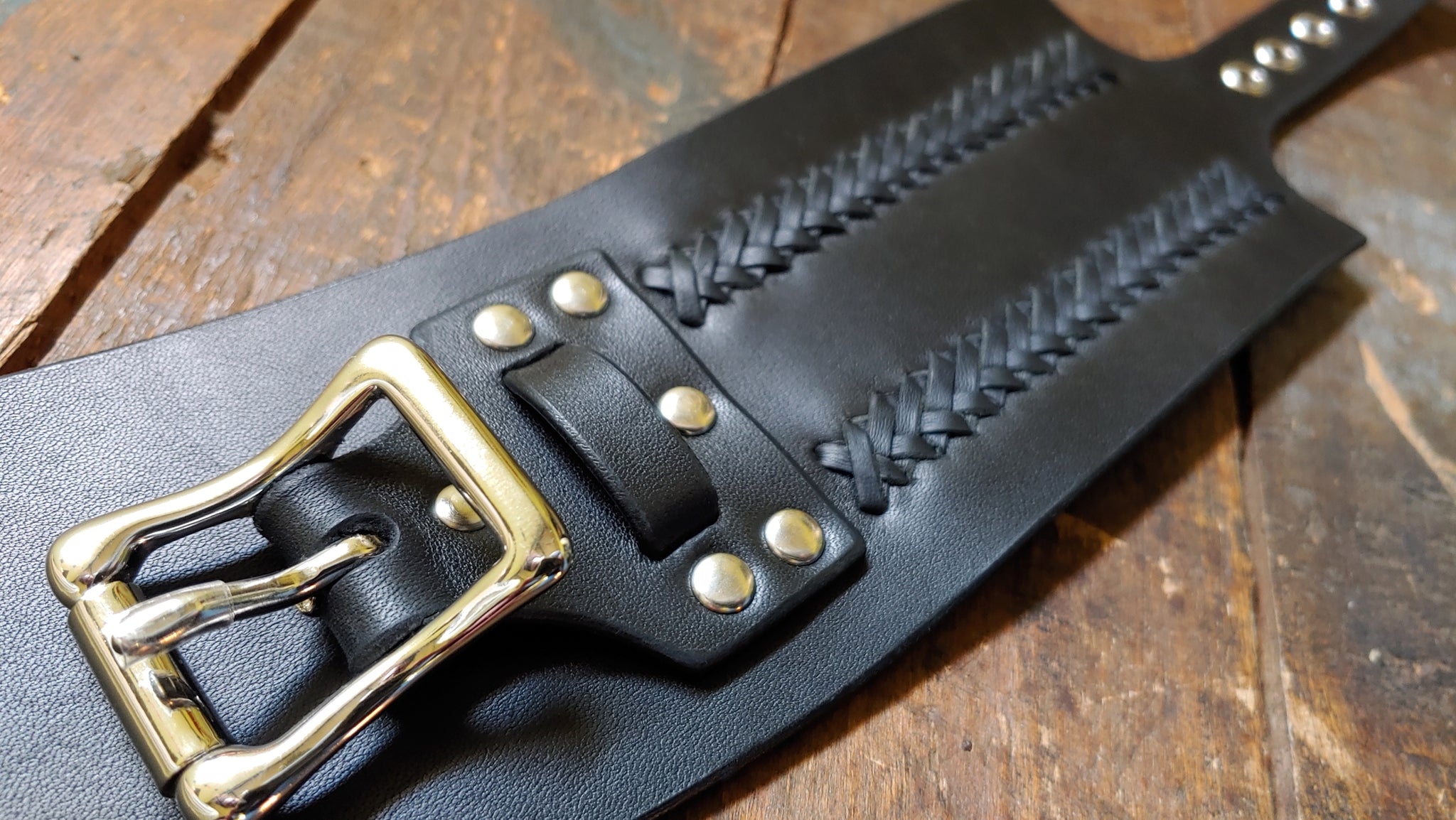 Ready to Ship ~ Aga Men's Wide Leather Cuff with Ladder Stitch Braid and Chunky Buckle - SS174
