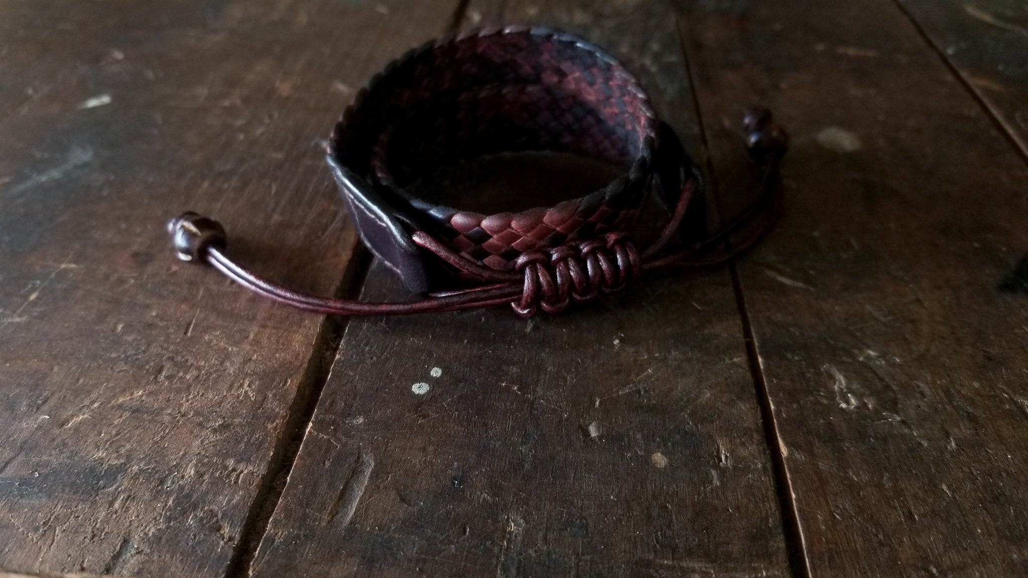 adjustable slip knot clasp, Amari Double Wrap Braided Leather Bracelet, Mahogany and Brown