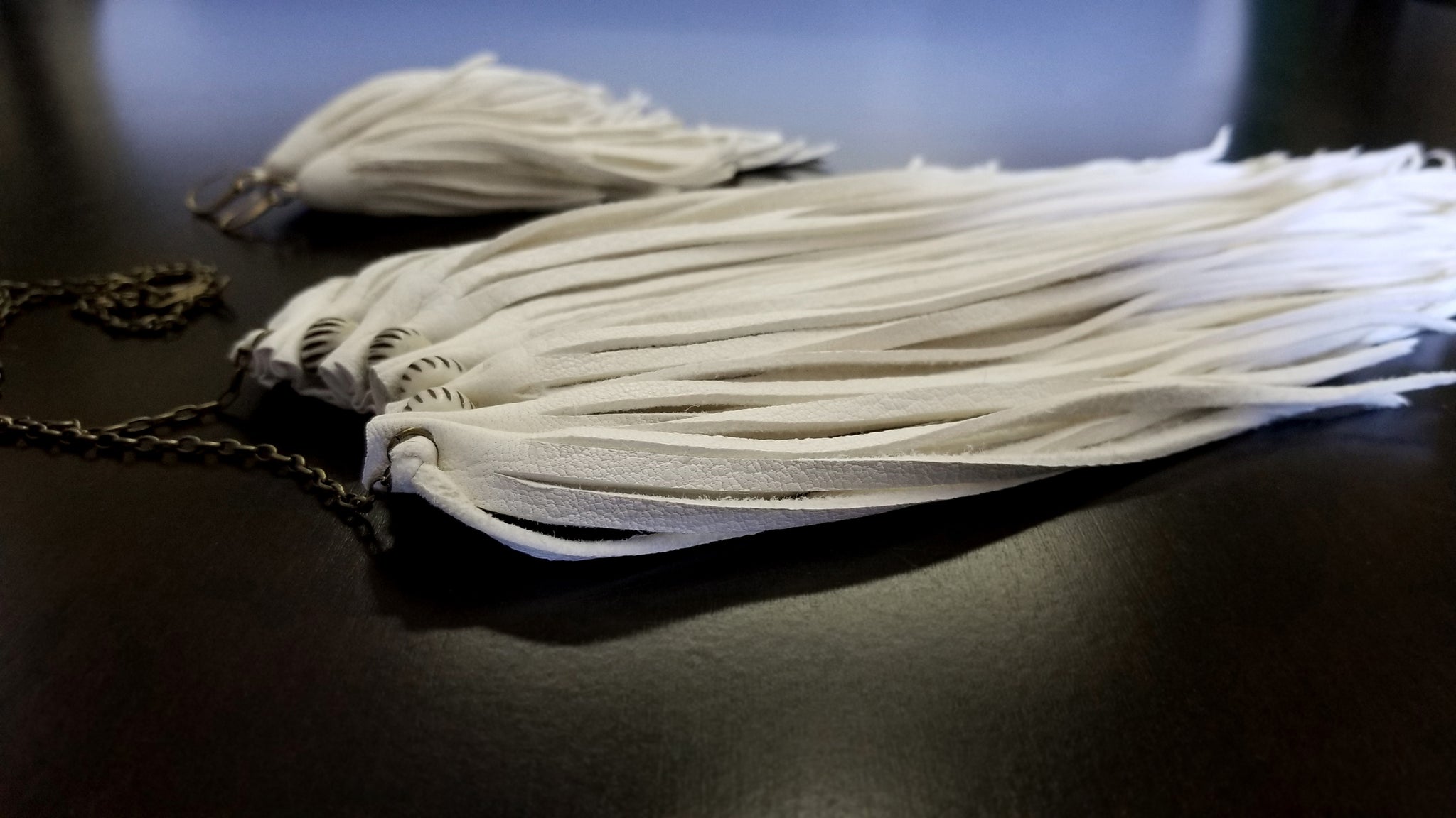 Badu Tassel Necklace and Mini Kimani Leather Tassel Earrings SET, in Mayonnaise Deerskin Leather