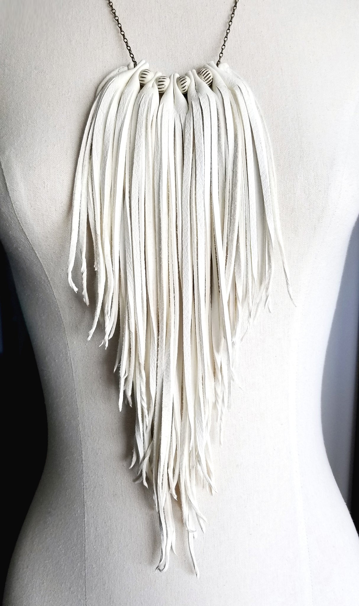 Badu Deerskin Leather Fringe Necklace, cable chain, in Mayonnaise Deerskin Leather