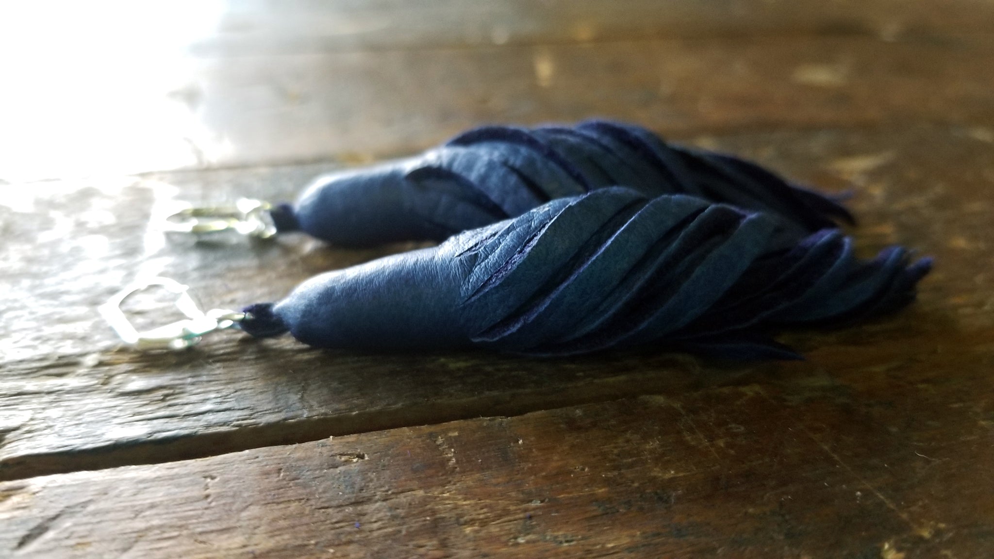 Sapphire blue Kimani Leather Tassel Earrings, Baby Size Tassels with Silver plated Lever back Earring wires