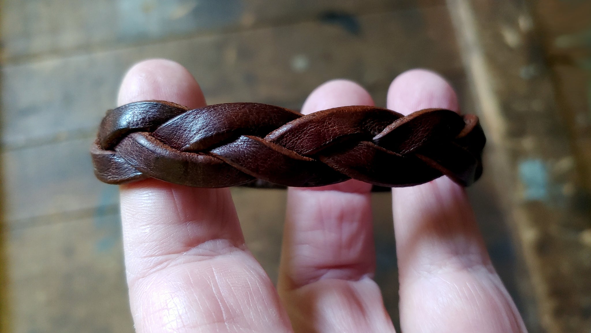 Bo Hand Braided Leather Mystery Bracelet - 6.5 WRIST SIZE - Trick Braid Bracelet, Cognac w/ Brass Snap