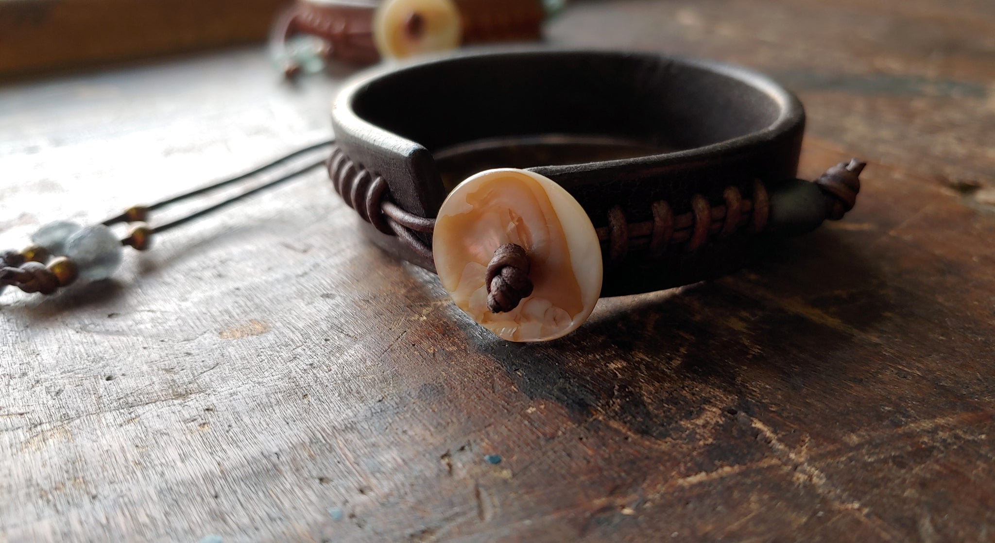 Cliff Booth Inspired Leather Bracelet - Once Upon a Time in Hollywood Brad Pitt Replica Cuff in NEW colors - Brown Tobacco & African Beads